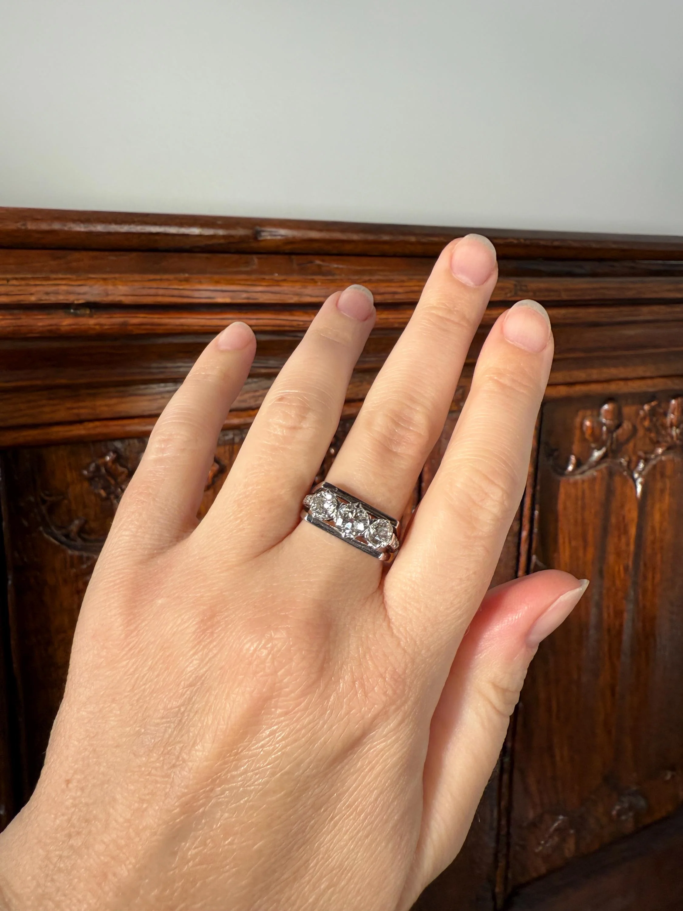 Three Stone Antique 1.75 Carat Old Mine Cut DIAMOND Chunky Tank Geometric Wrap Ring 14k White Gold Platinum Squared Band Stacker - Image 4