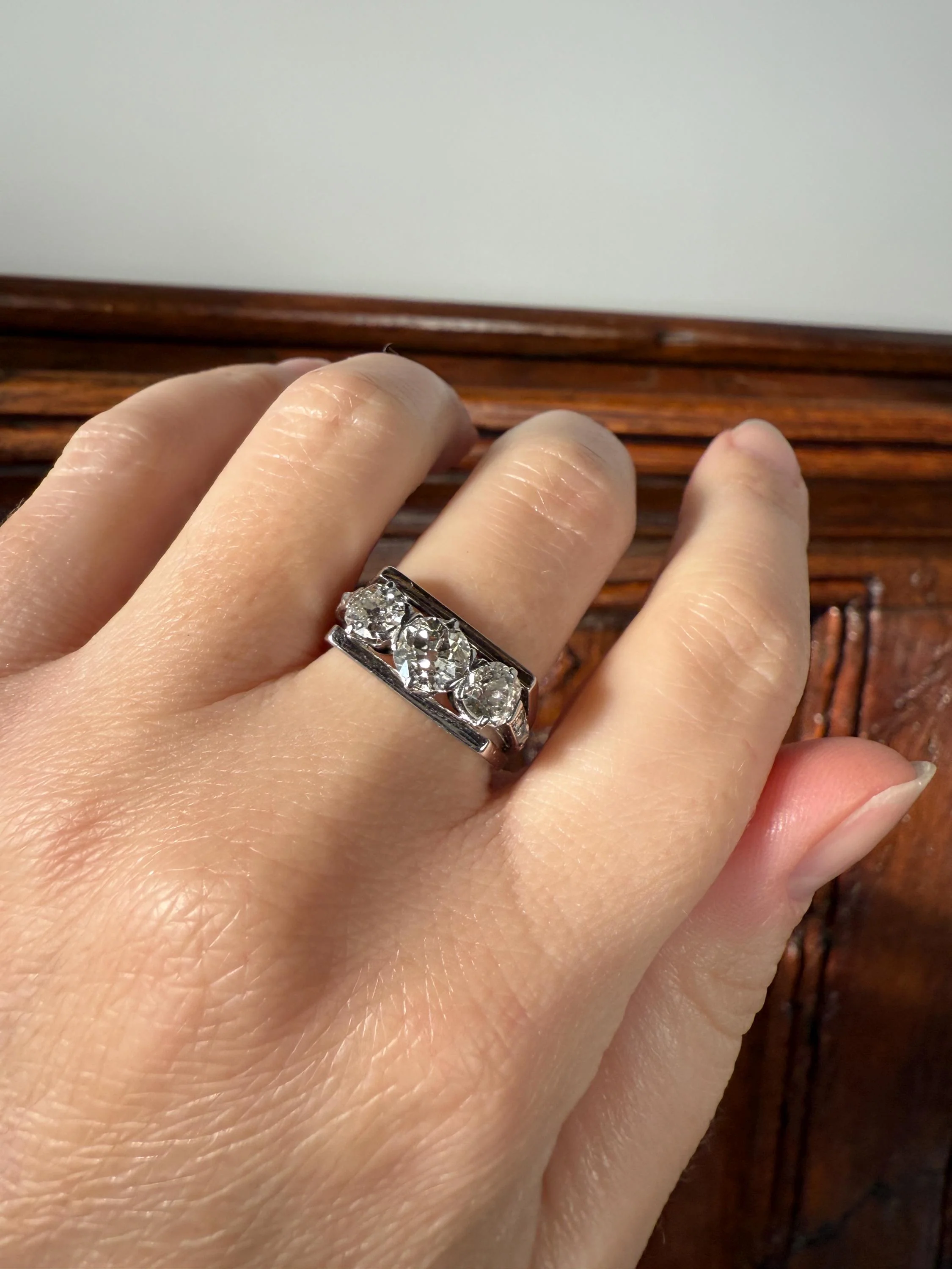 Three Stone Antique 1.75 Carat Old Mine Cut DIAMOND Chunky Tank Geometric Wrap Ring 14k White Gold Platinum Squared Band Stacker - Image 5