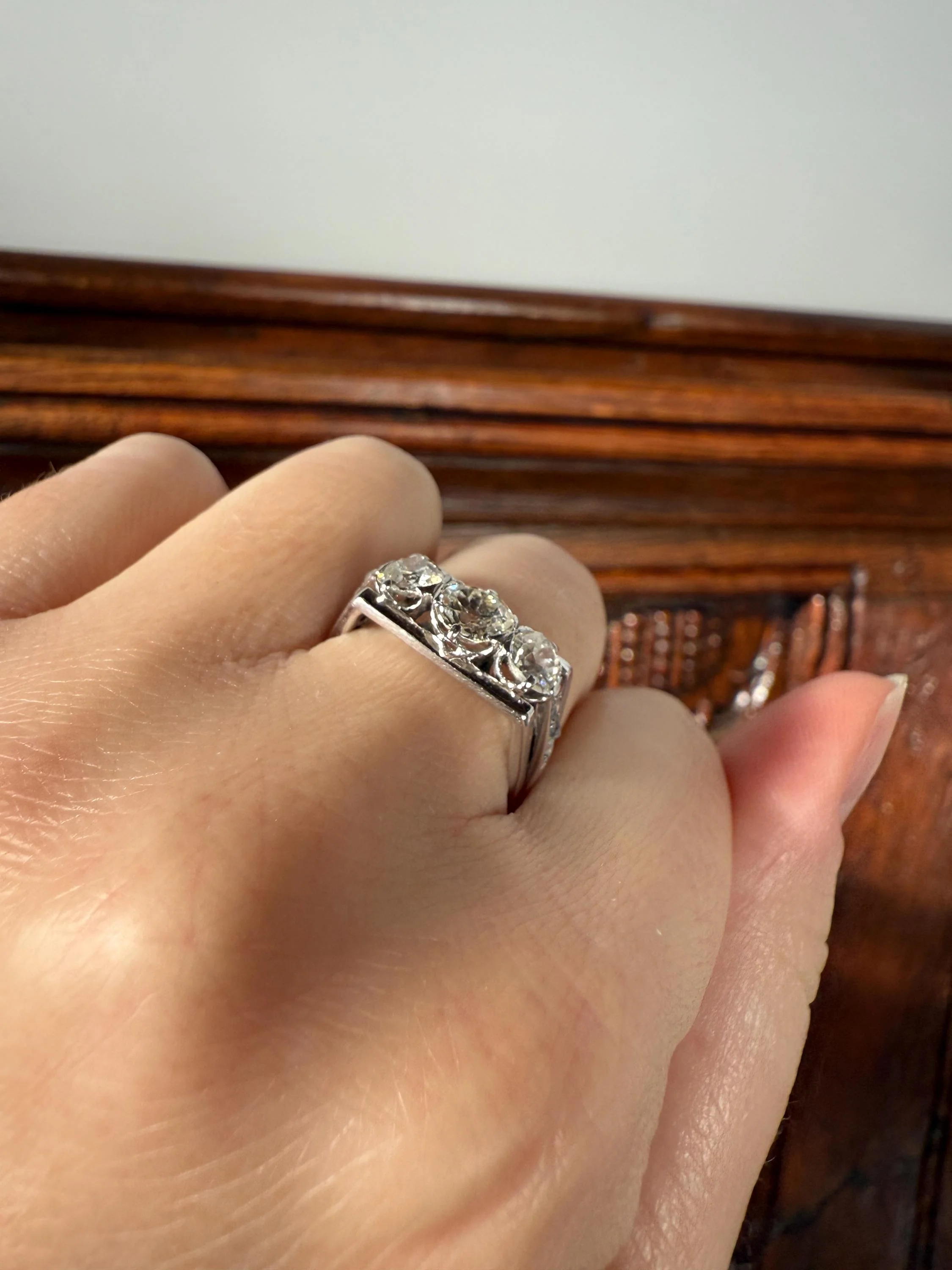 Three Stone Antique 1.75 Carat Old Mine Cut DIAMOND Chunky Tank Geometric Wrap Ring 14k White Gold Platinum Squared Band Stacker - Image 6