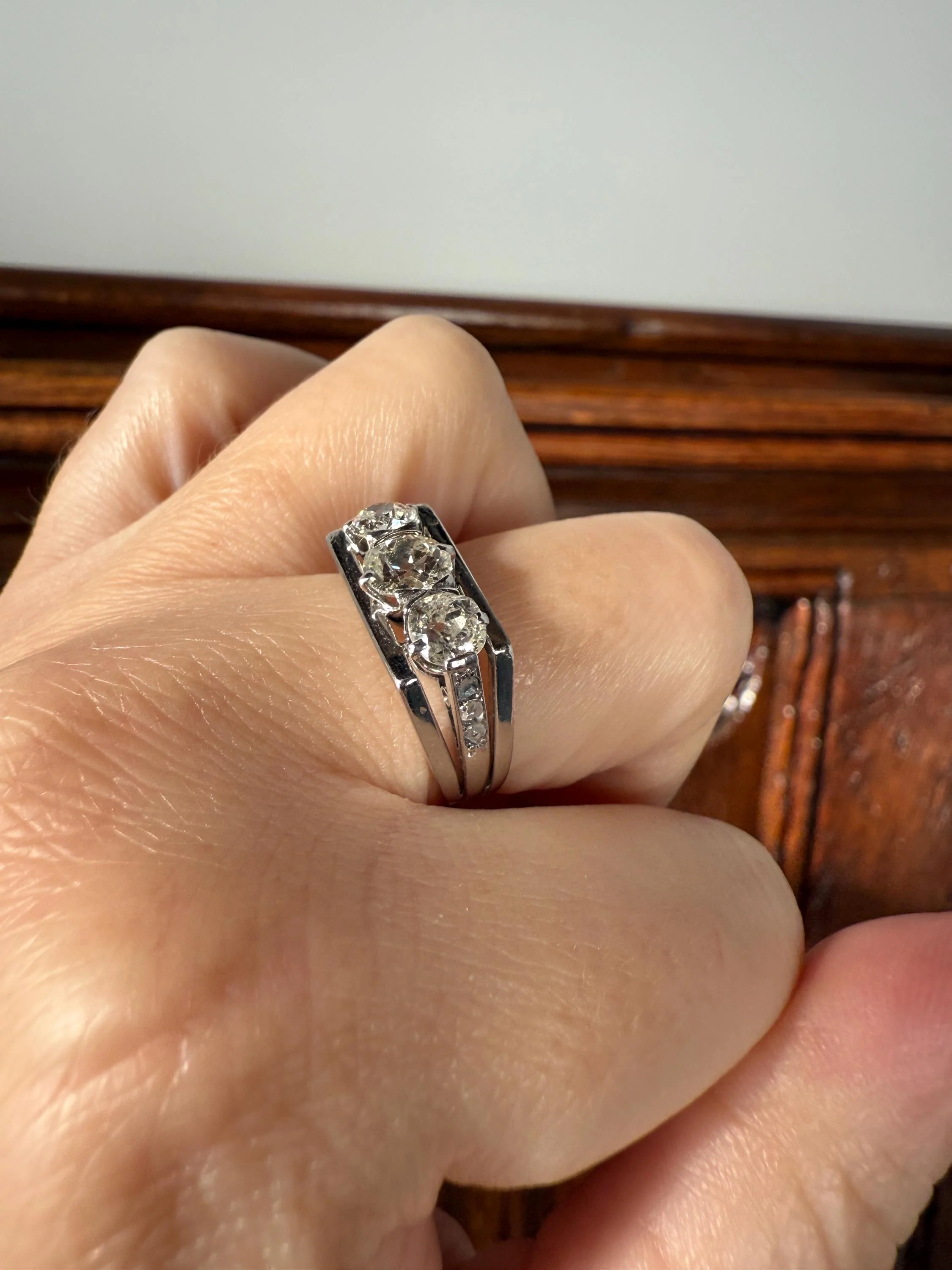Three Stone Antique 1.75 Carat Old Mine Cut DIAMOND Chunky Tank Geometric Wrap Ring 14k White Gold Platinum Squared Band Stacker - Image 7