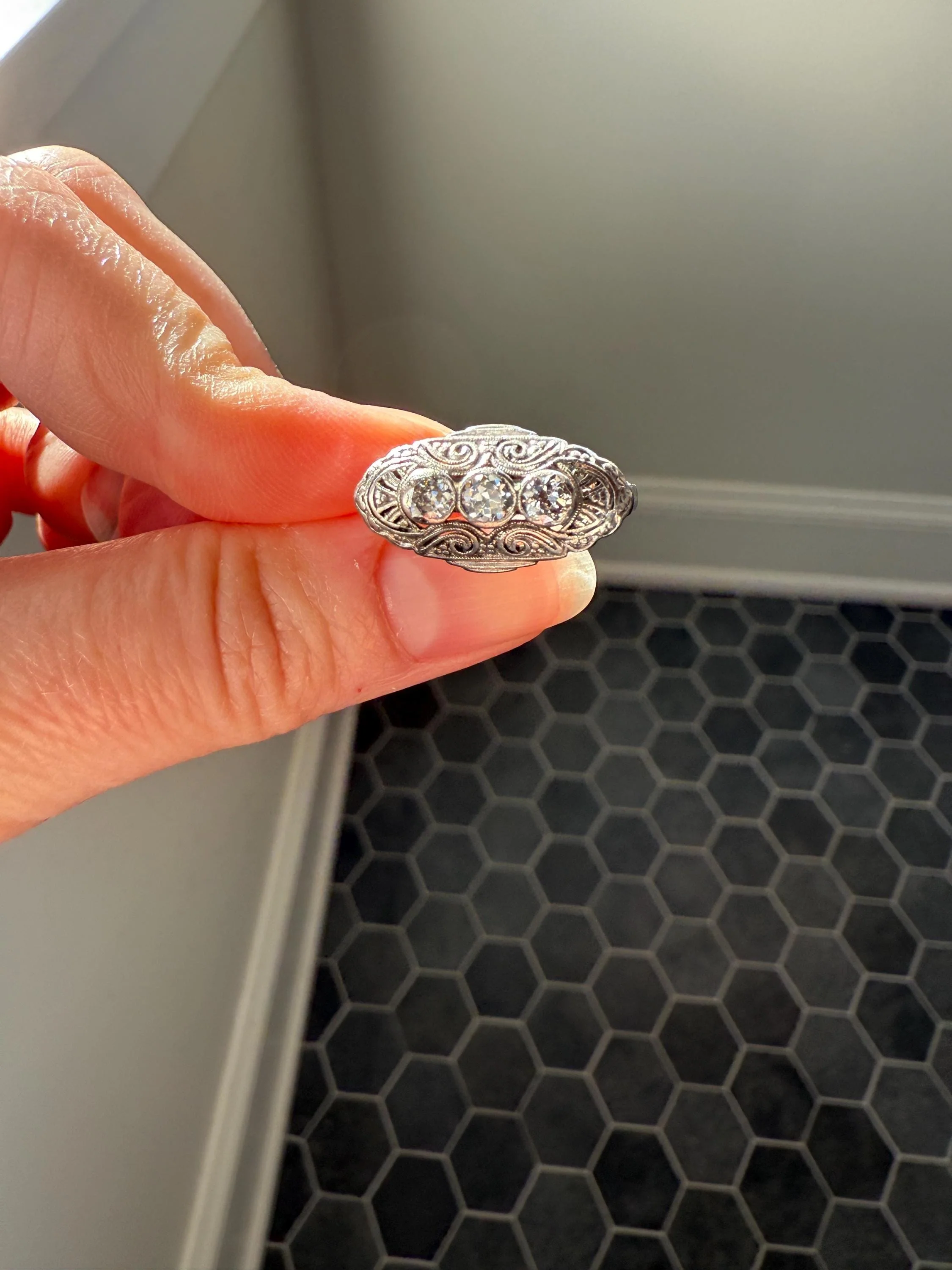 Three Stone Antique East West Filigree Navette Marquise Ring Antique 14k White Gold & Platinum Transitional Cut DIAMOND Unique Band Stacker - Image 10