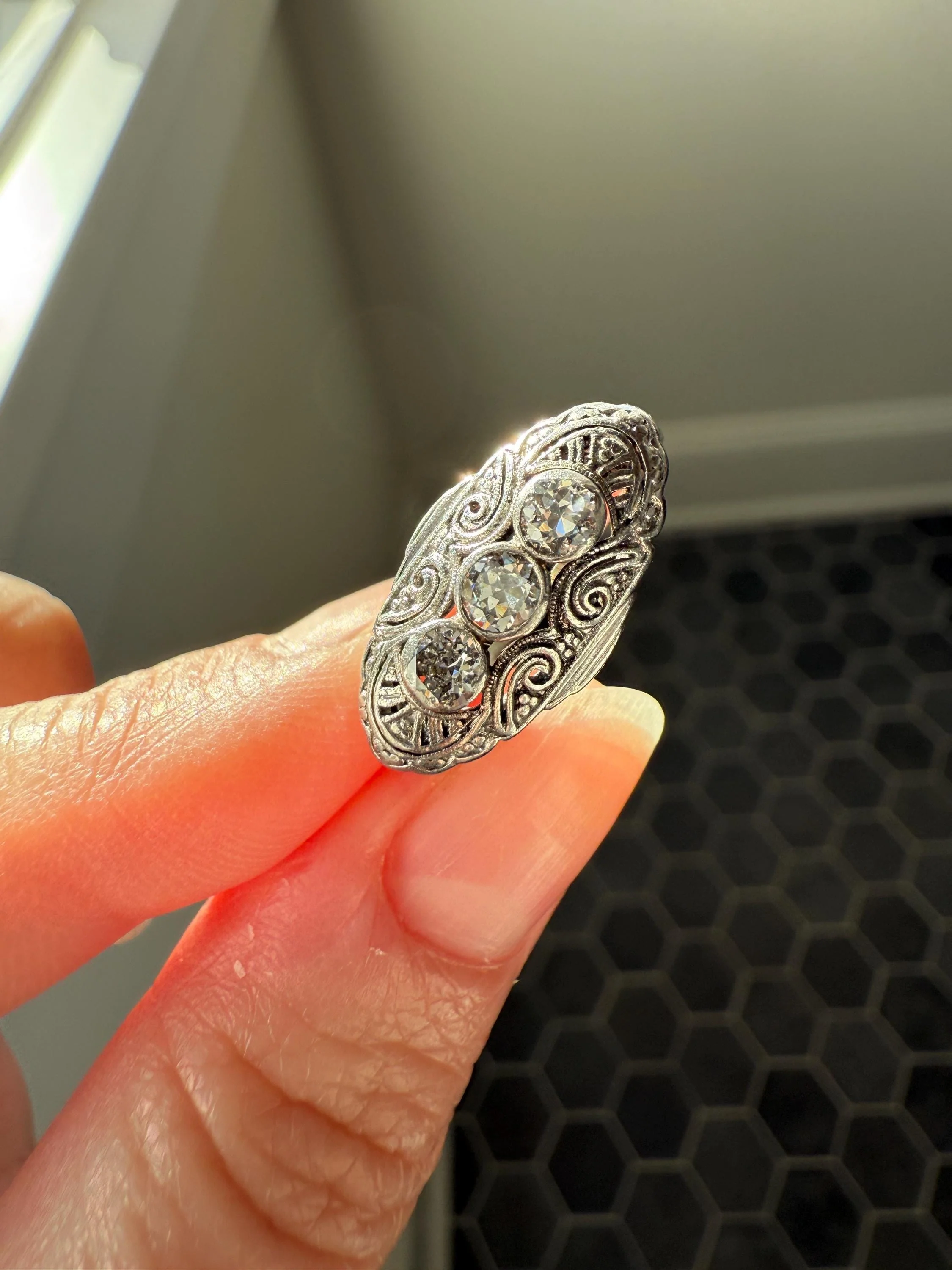 Three Stone Antique East West Filigree Navette Marquise Ring Antique 14k White Gold & Platinum Transitional Cut DIAMOND Unique Band Stacker - Image 12