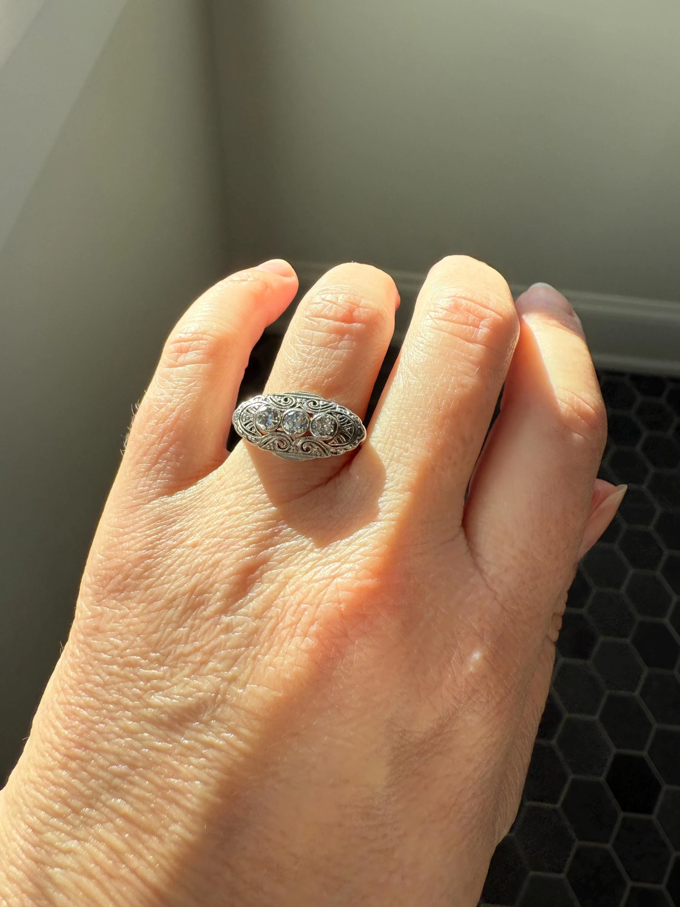 Three Stone Antique East West Filigree Navette Marquise Ring Antique 14k White Gold & Platinum Transitional Cut DIAMOND Unique Band Stacker - Image 14