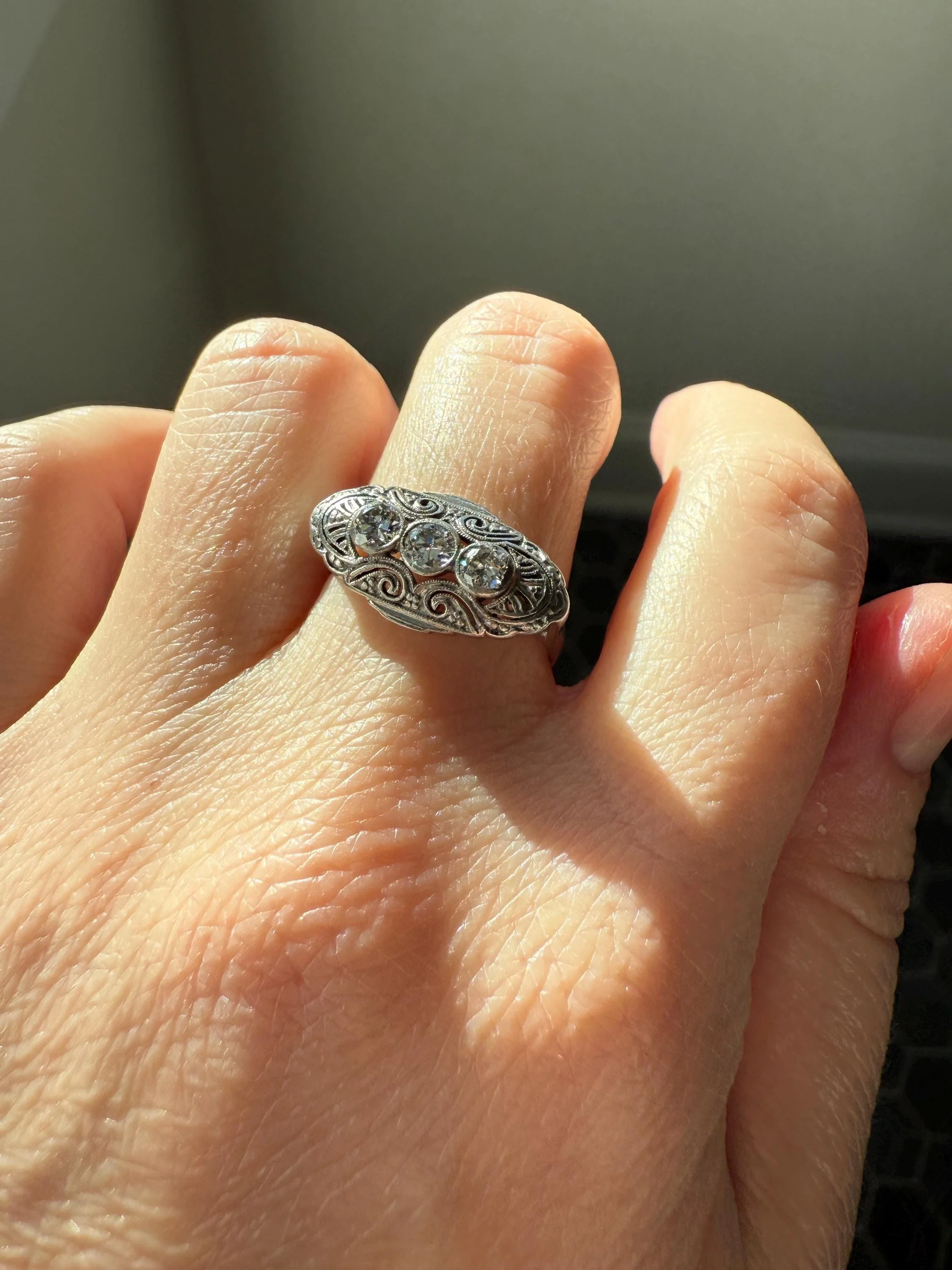 Three Stone Antique East West Filigree Navette Marquise Ring Antique 14k White Gold & Platinum Transitional Cut DIAMOND Unique Band Stacker - Image 15