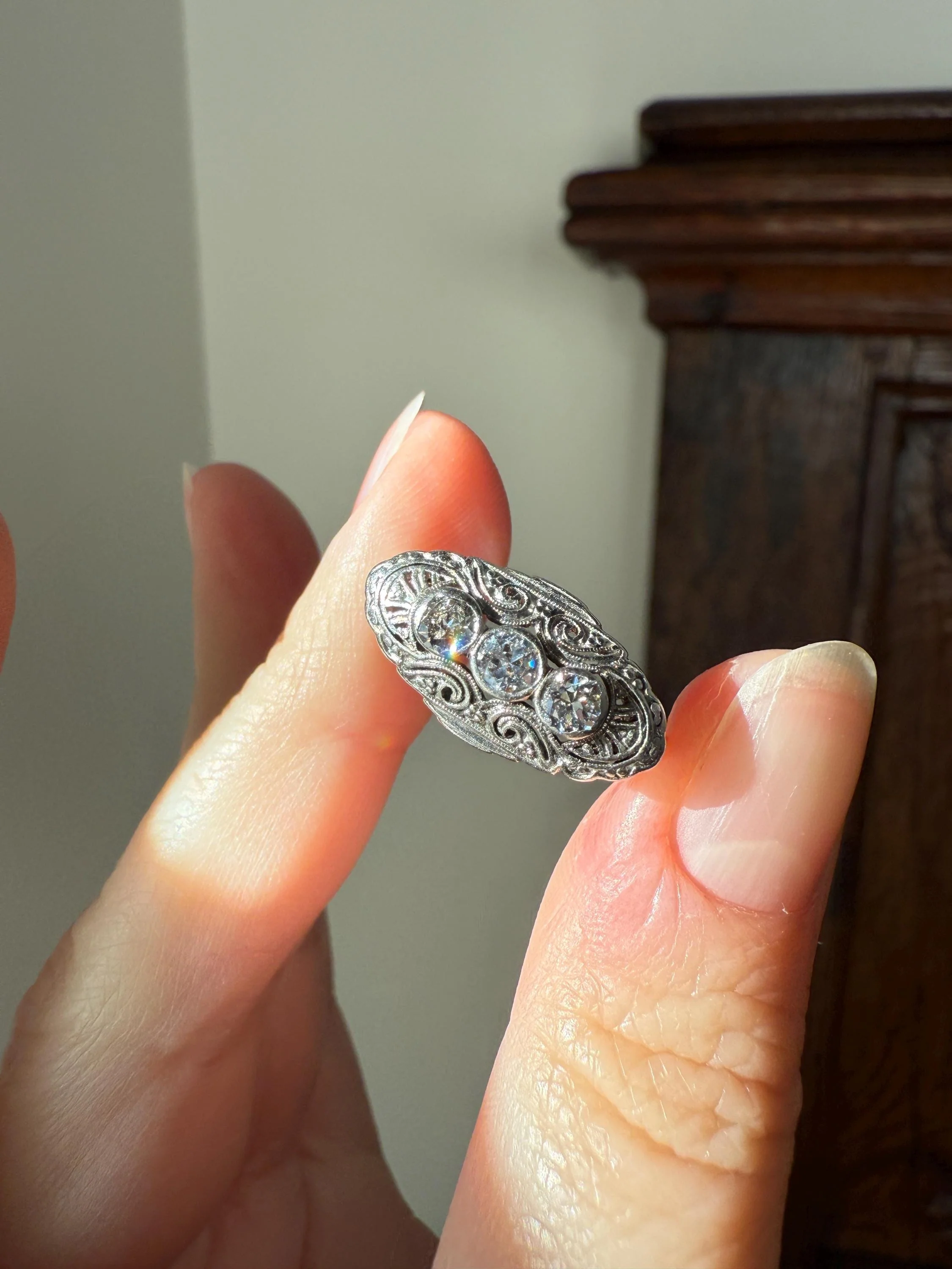 Three Stone Antique East West Filigree Navette Marquise Ring Antique 14k White Gold & Platinum Transitional Cut DIAMOND Unique Band Stacker - Image 5