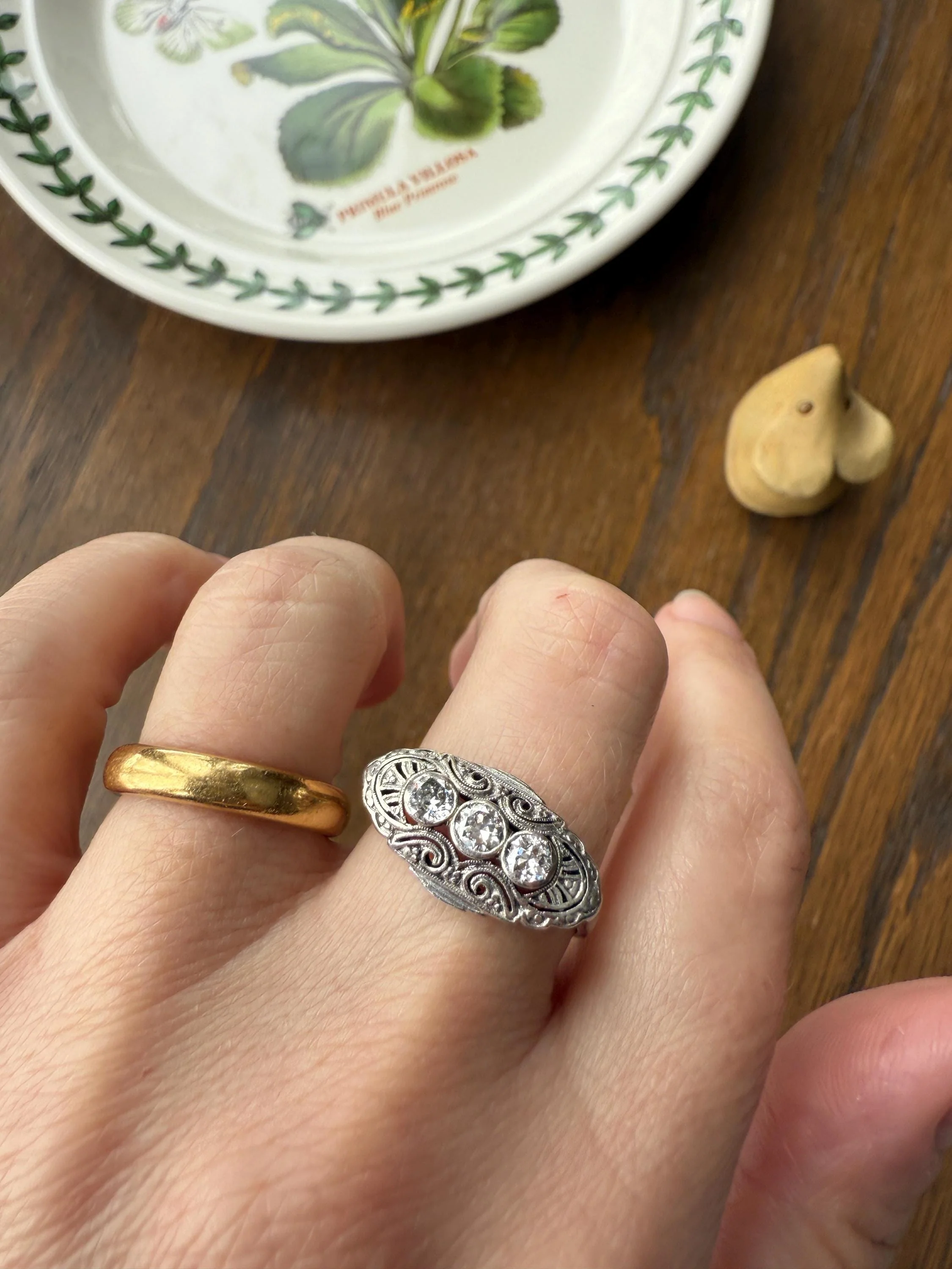 Three Stone Antique East West Filigree Navette Marquise Ring Antique 14k White Gold & Platinum Transitional Cut DIAMOND Unique Band Stacker - Image 6
