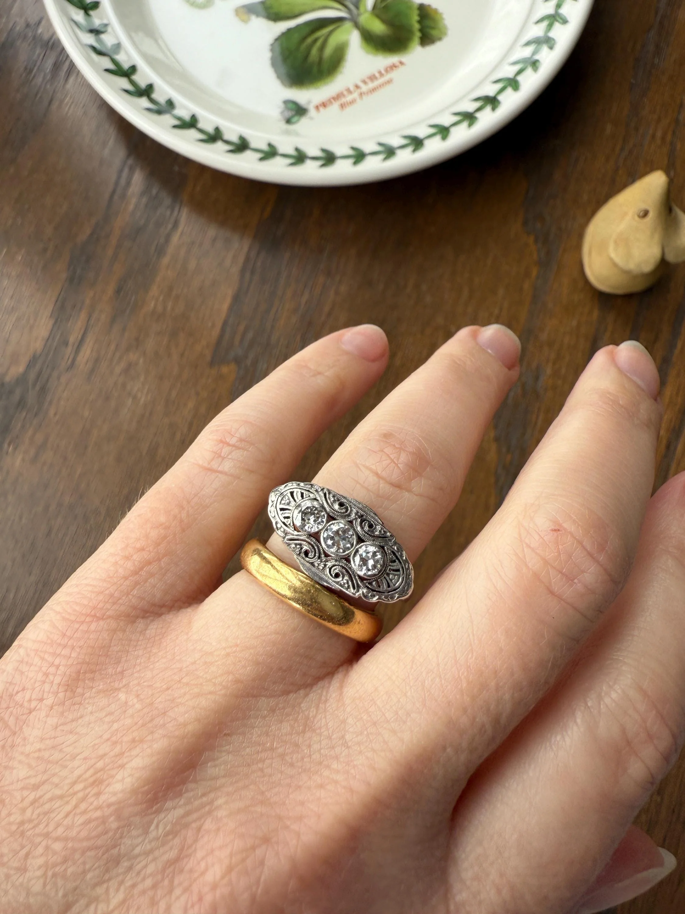 Three Stone Antique East West Filigree Navette Marquise Ring Antique 14k White Gold & Platinum Transitional Cut DIAMOND Unique Band Stacker - Image 7