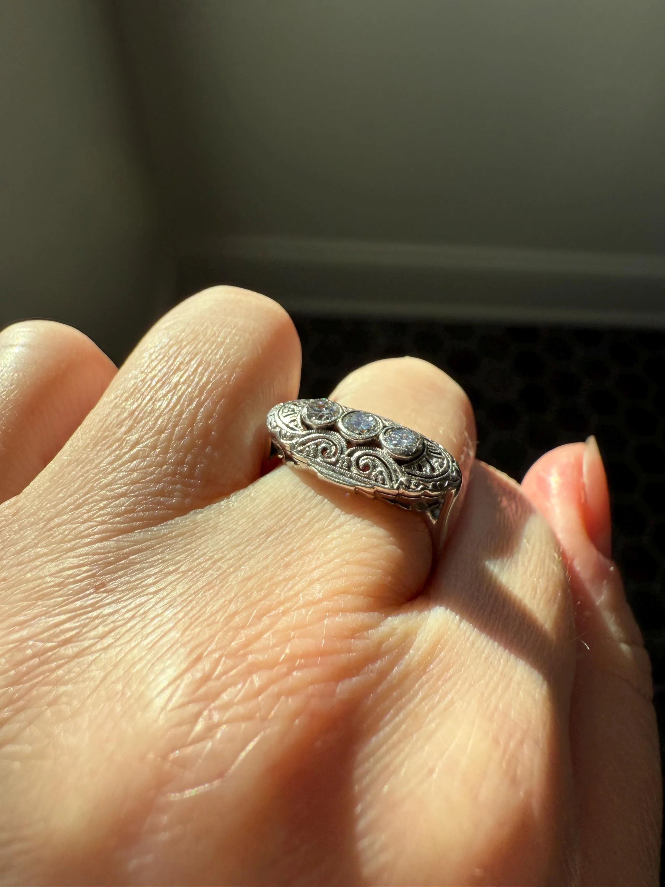 Three Stone Antique East West Filigree Navette Marquise Ring Antique 14k White Gold & Platinum Transitional Cut DIAMOND Unique Band Stacker - Image 8