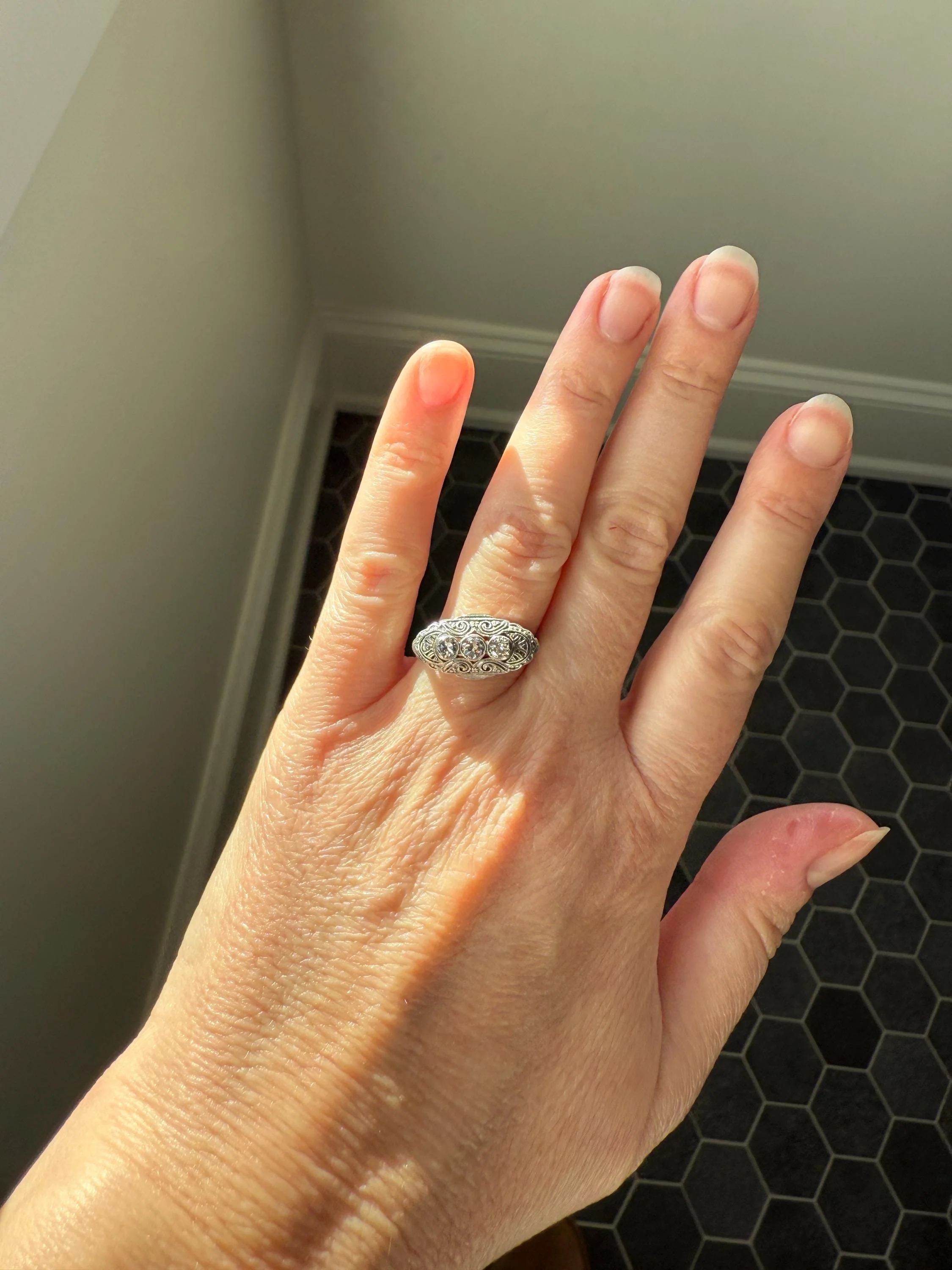 Three Stone Antique East West Filigree Navette Marquise Ring Antique 14k White Gold & Platinum Transitional Cut DIAMOND Unique Band Stacker - Image 9