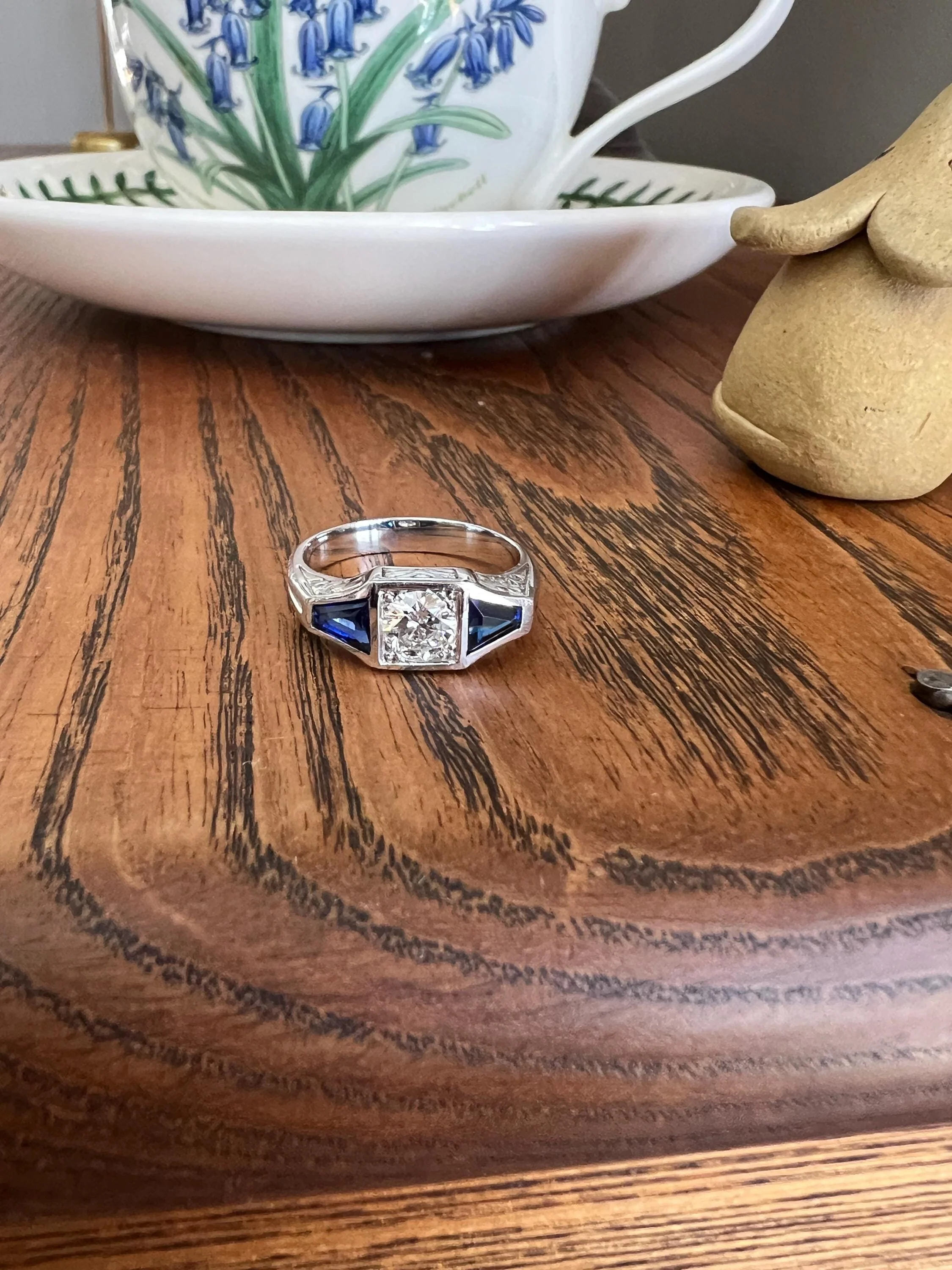 Three Stone FLORAL Engraved Vintage Art Deco Style .65Ct Diamond Sapphire Three Stone Ring French 18k White Gold - Image 11