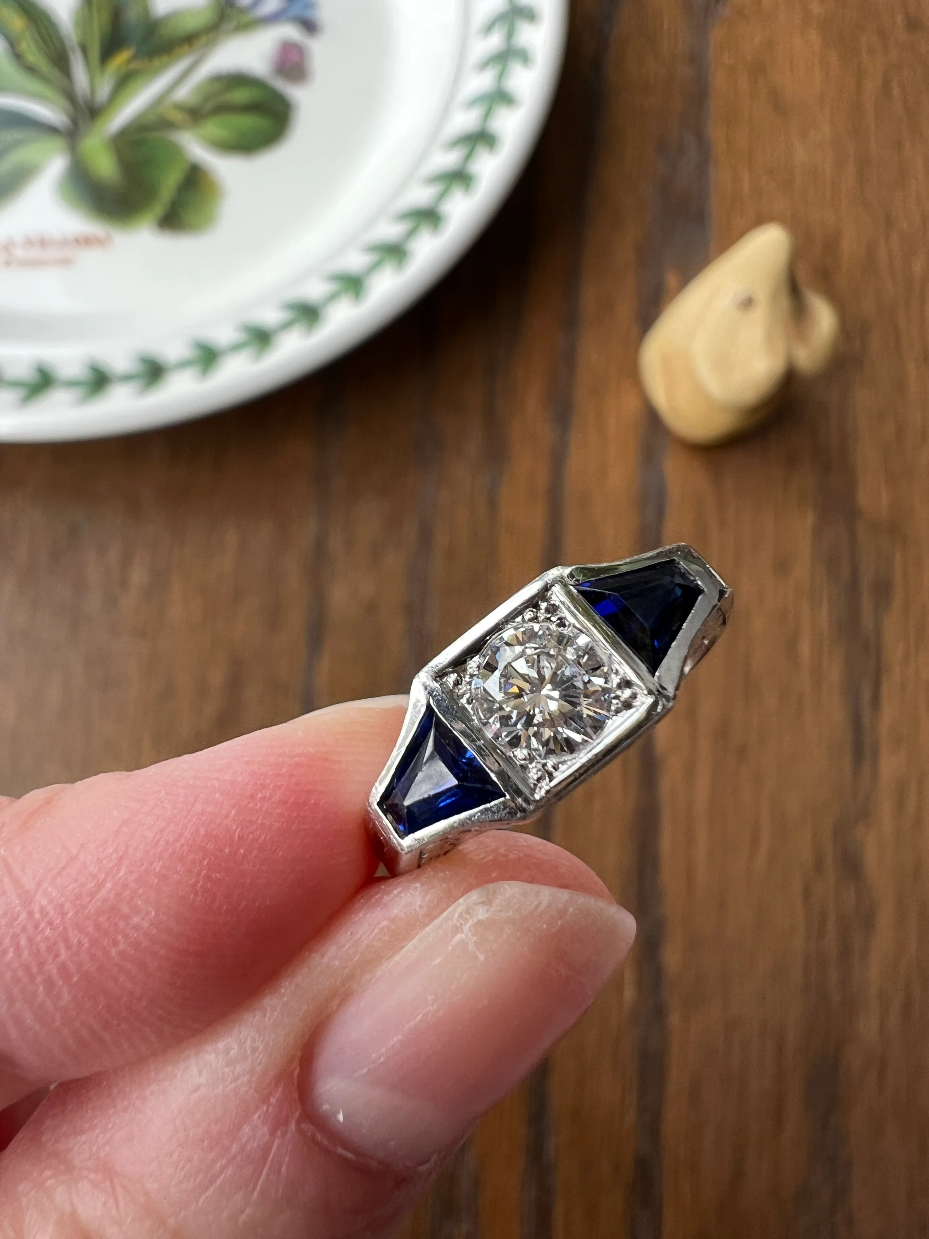 Three Stone FLORAL Engraved Vintage Art Deco Style .65Ct Diamond Sapphire Three Stone Ring French 18k White Gold - Image 16