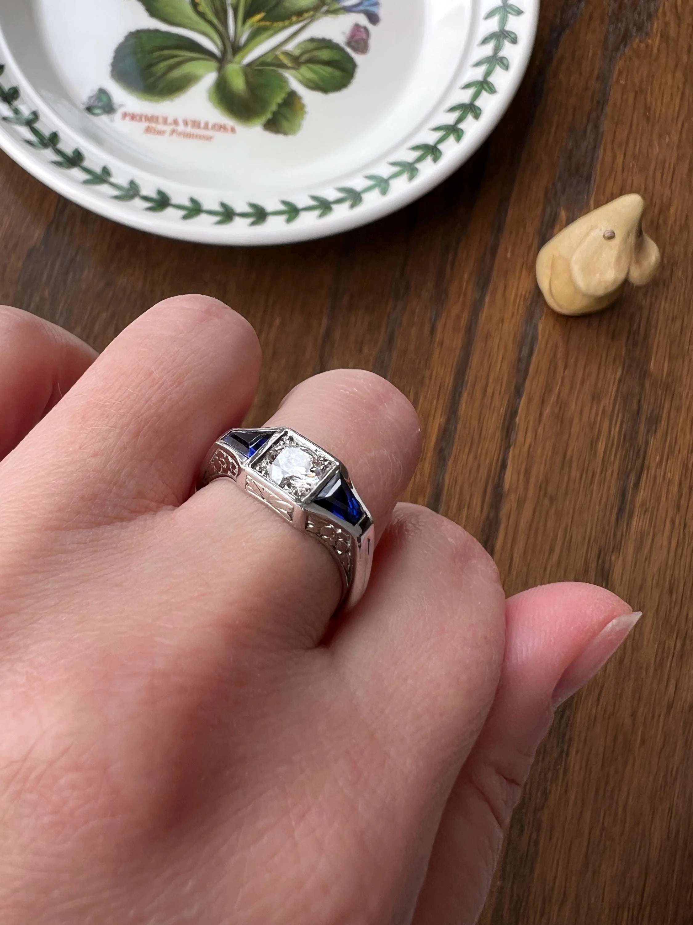 Three Stone FLORAL Engraved Vintage Art Deco Style .65Ct Diamond Sapphire Three Stone Ring French 18k White Gold - Image 2