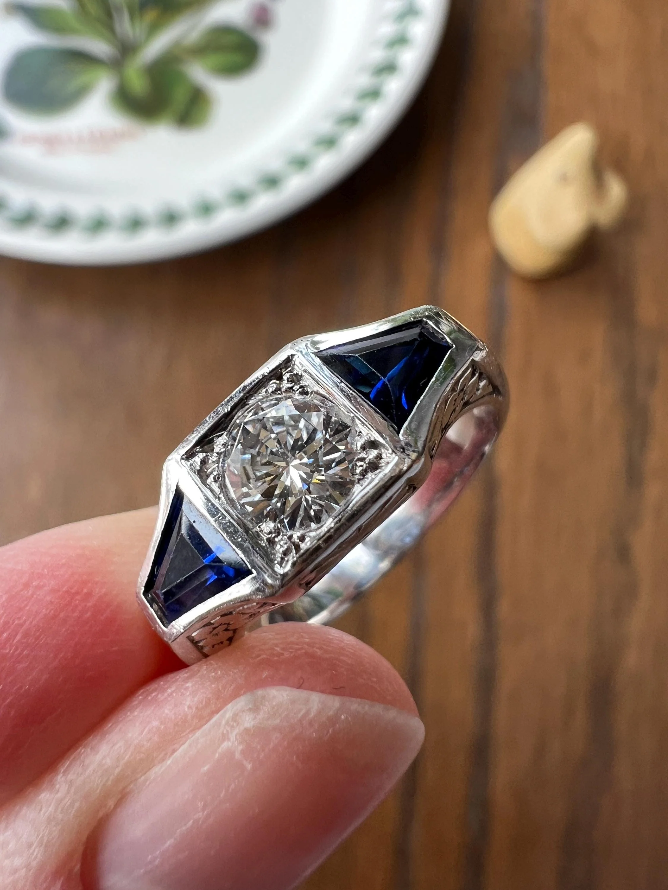 Three Stone FLORAL Engraved Vintage Art Deco Style .65Ct Diamond Sapphire Three Stone Ring French 18k White Gold - Image 3