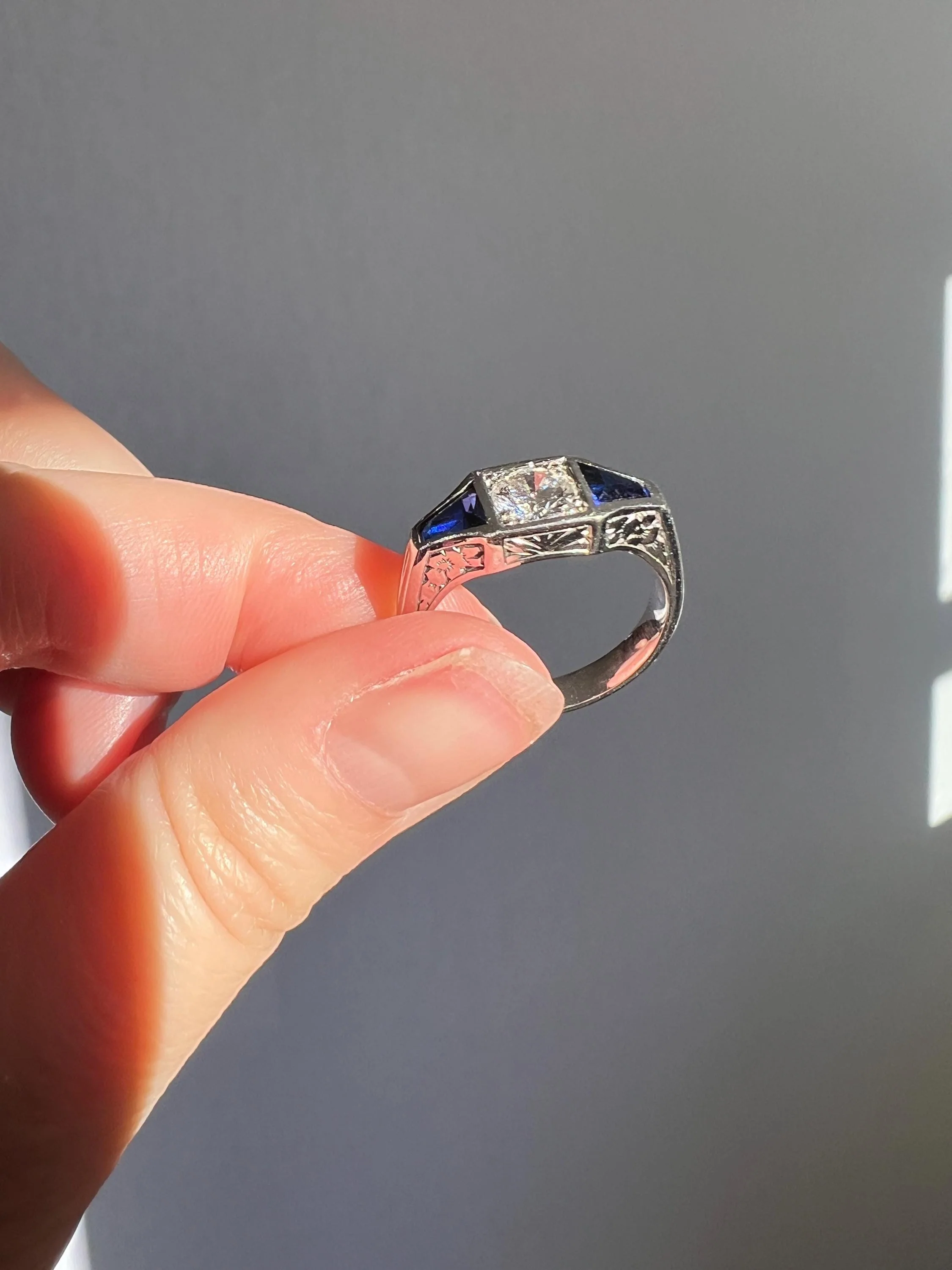 Three Stone FLORAL Engraved Vintage Art Deco Style .65Ct Diamond Sapphire Three Stone Ring French 18k White Gold - Image 4