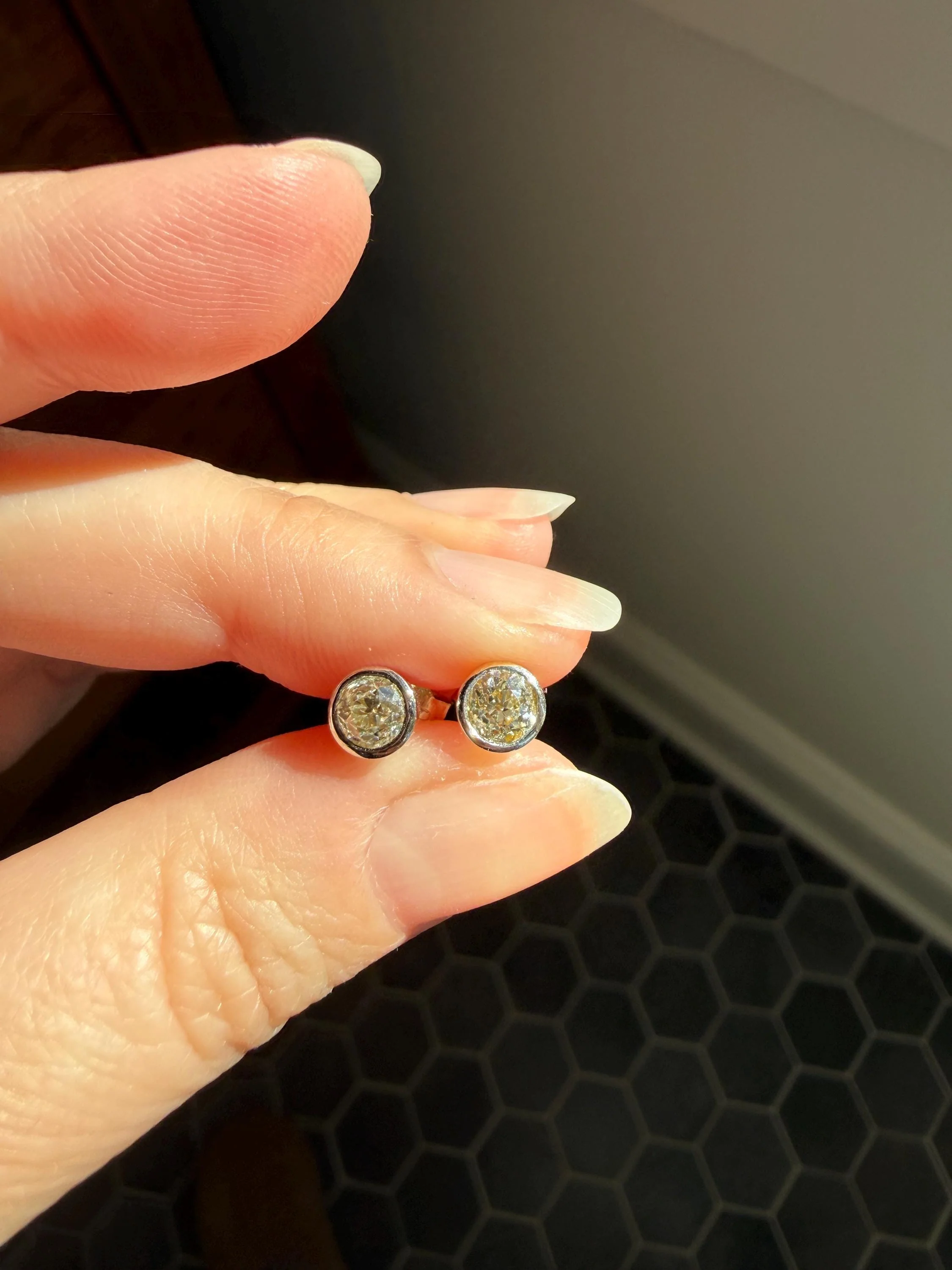 Timeless One Carat Tdw Natural Warm Old Mine Cut DIAMOND Bezel Set Studs Earrings Antique Stones Vintage 18k White Gold 1Ctw OMC Studs - Image 4