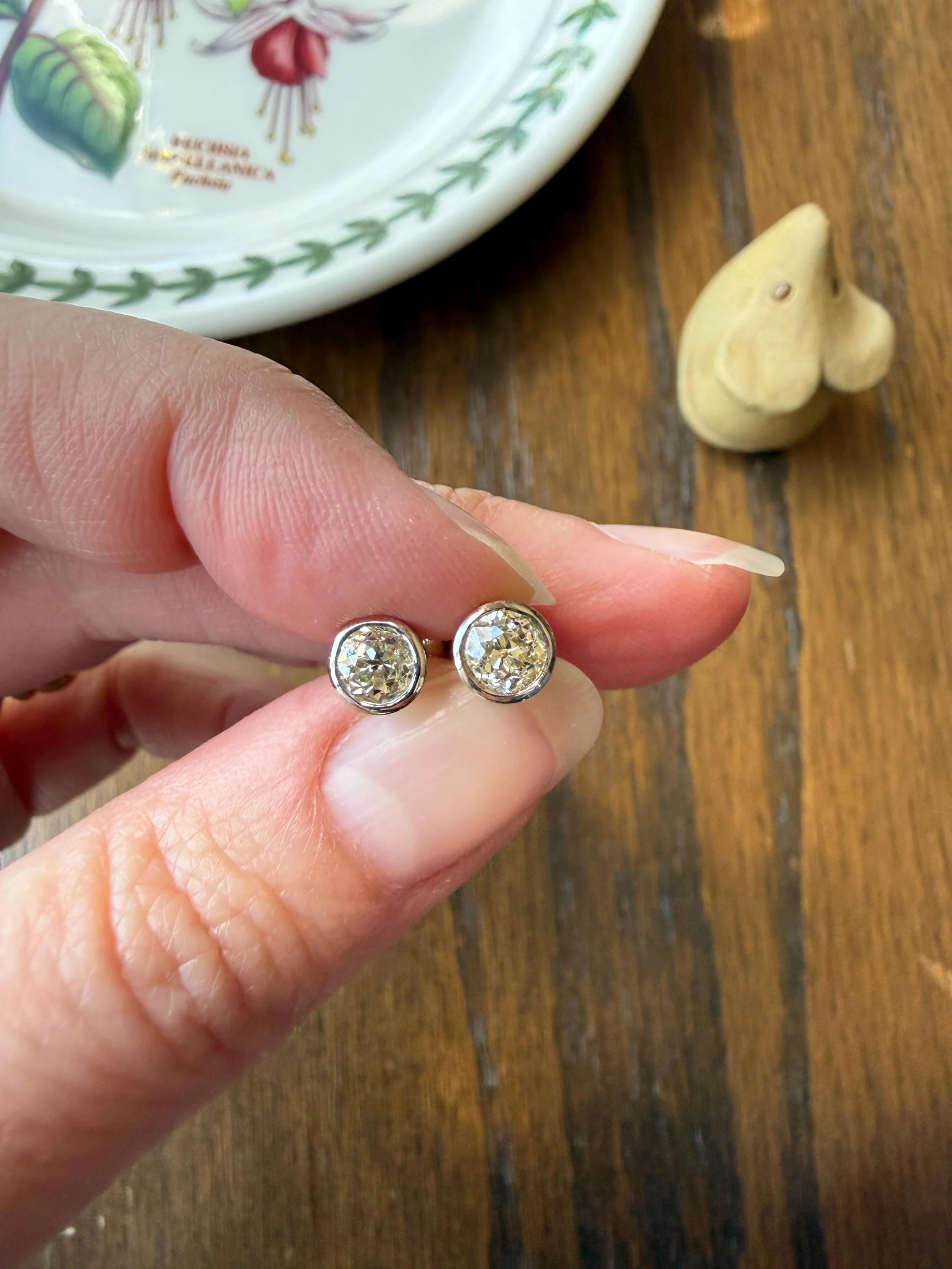 Timeless One Carat Tdw Natural Warm Old Mine Cut DIAMOND Bezel Set Studs Earrings Antique Stones Vintage 18k White Gold 1Ctw OMC Studs - Image 5