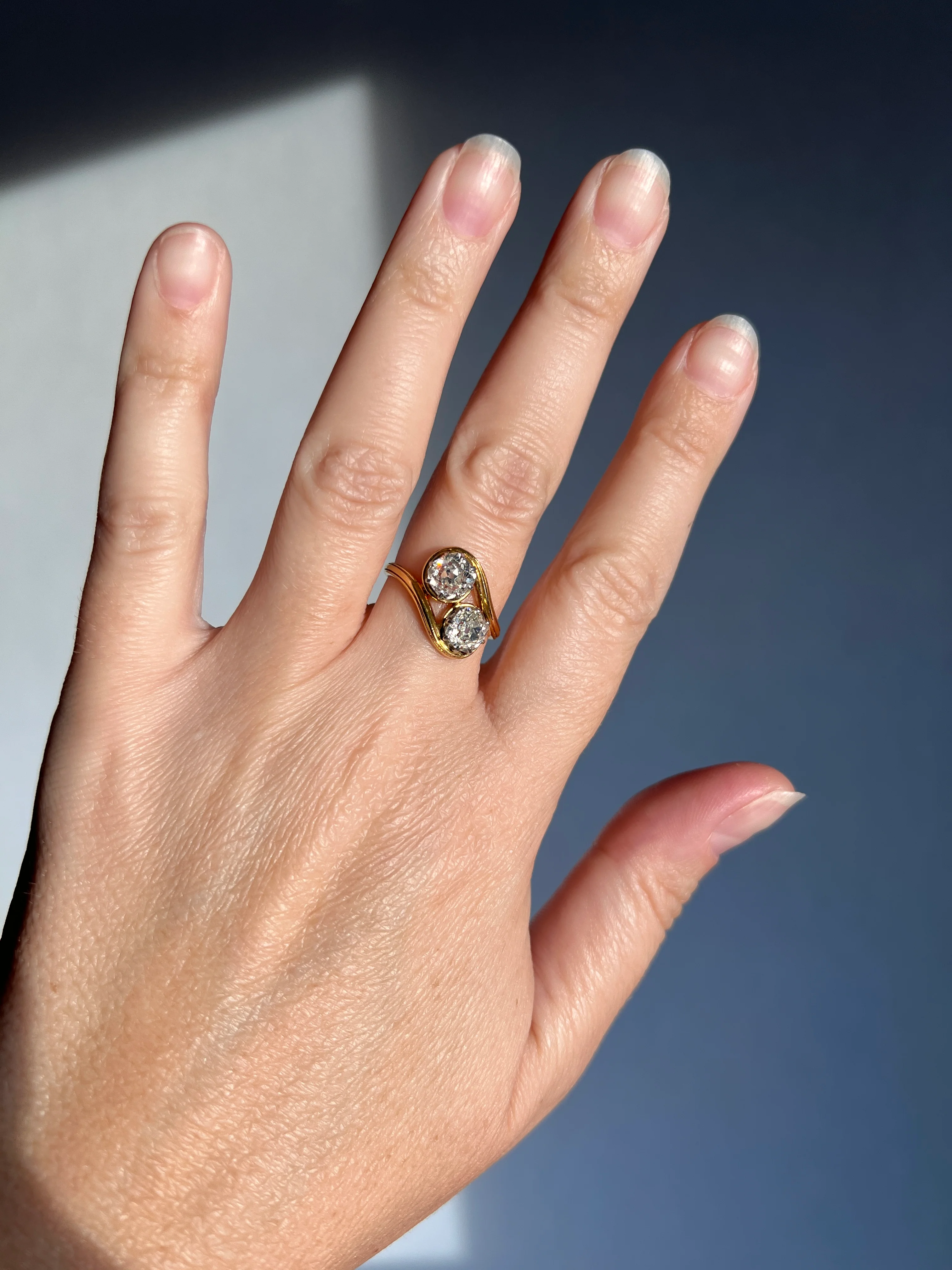Toi et Moi 1.7 CARAT Old Mine Cut DIAMOND Chunky Two Stone Antique Ring French 18k Gold Angled Swirl Band Stacker Romantic Gift OMC 1.7Ctw - Image 14