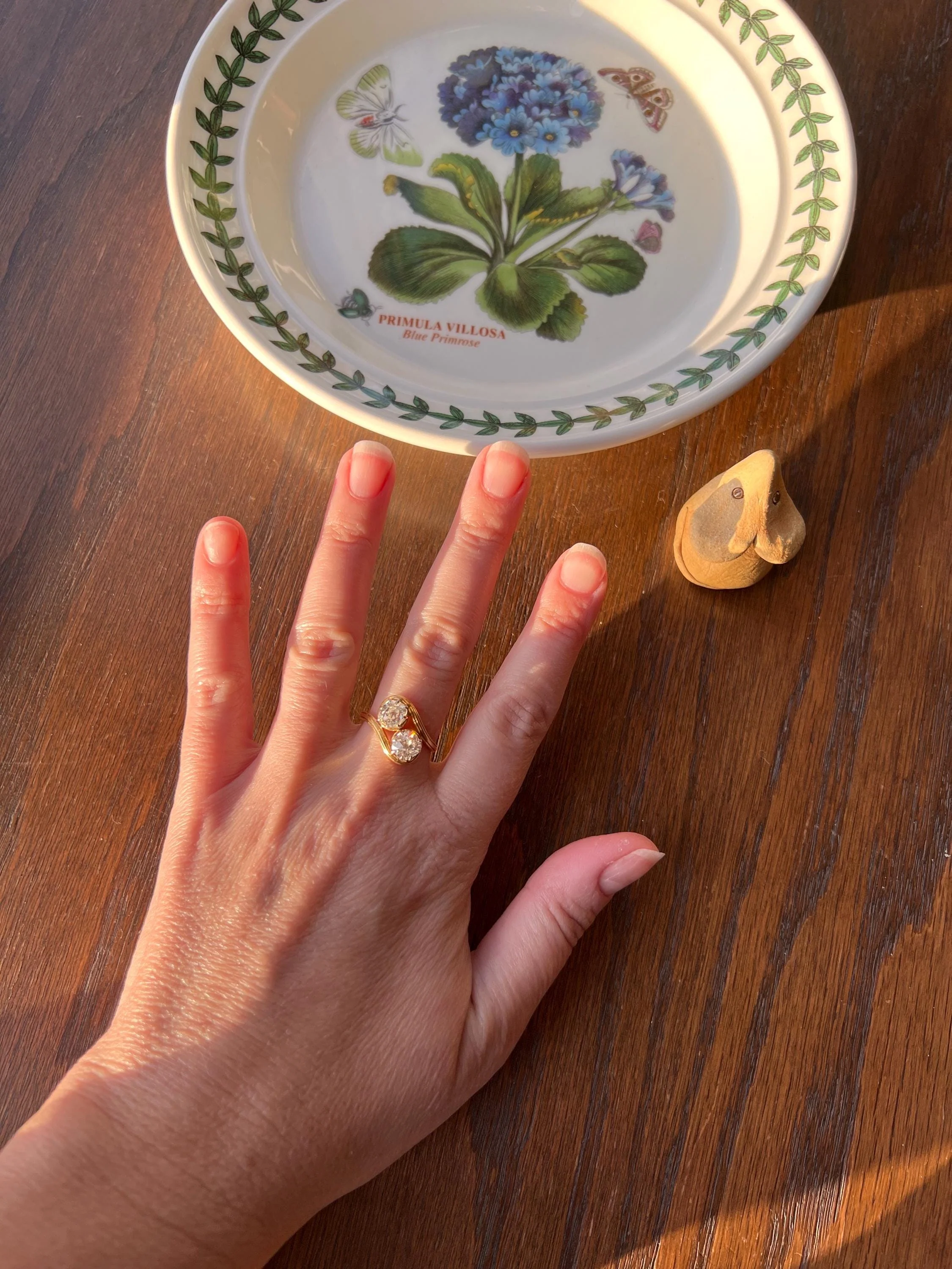 Toi et Moi 1.7 CARAT Old Mine Cut DIAMOND Chunky Two Stone Antique Ring French 18k Gold Angled Swirl Band Stacker Romantic Gift OMC 1.7Ctw - Image 3