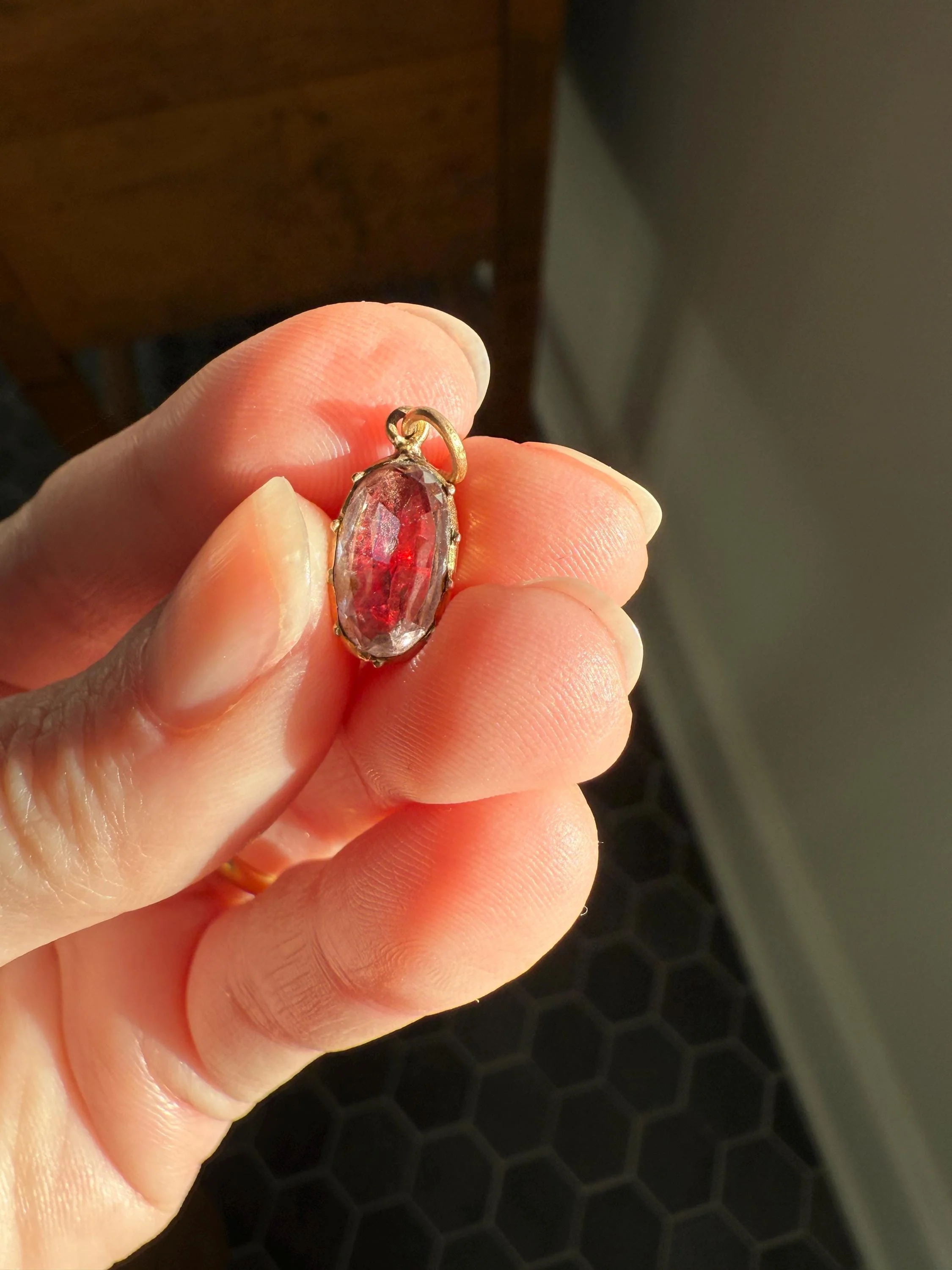 Topaz Watermelon Pink GEORGIAN Era French Antique Charm Pendant 18k Gold Collet Drop FoilBack Neckmess Neckstack Vinegar and Oil - Image 11