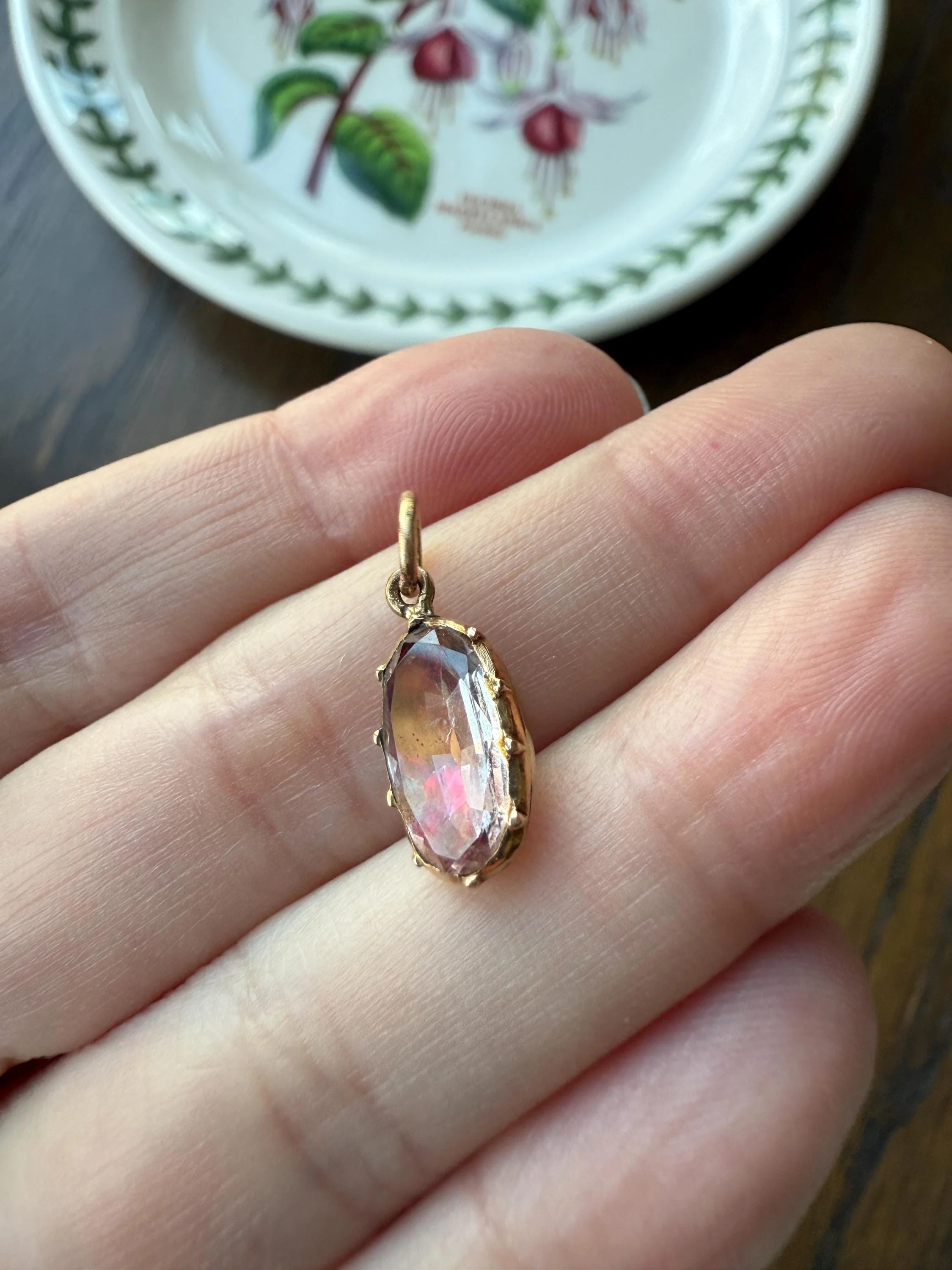 Topaz Watermelon Pink GEORGIAN Era French Antique Charm Pendant 18k Gold Collet Drop FoilBack Neckmess Neckstack Vinegar and Oil - Image 3