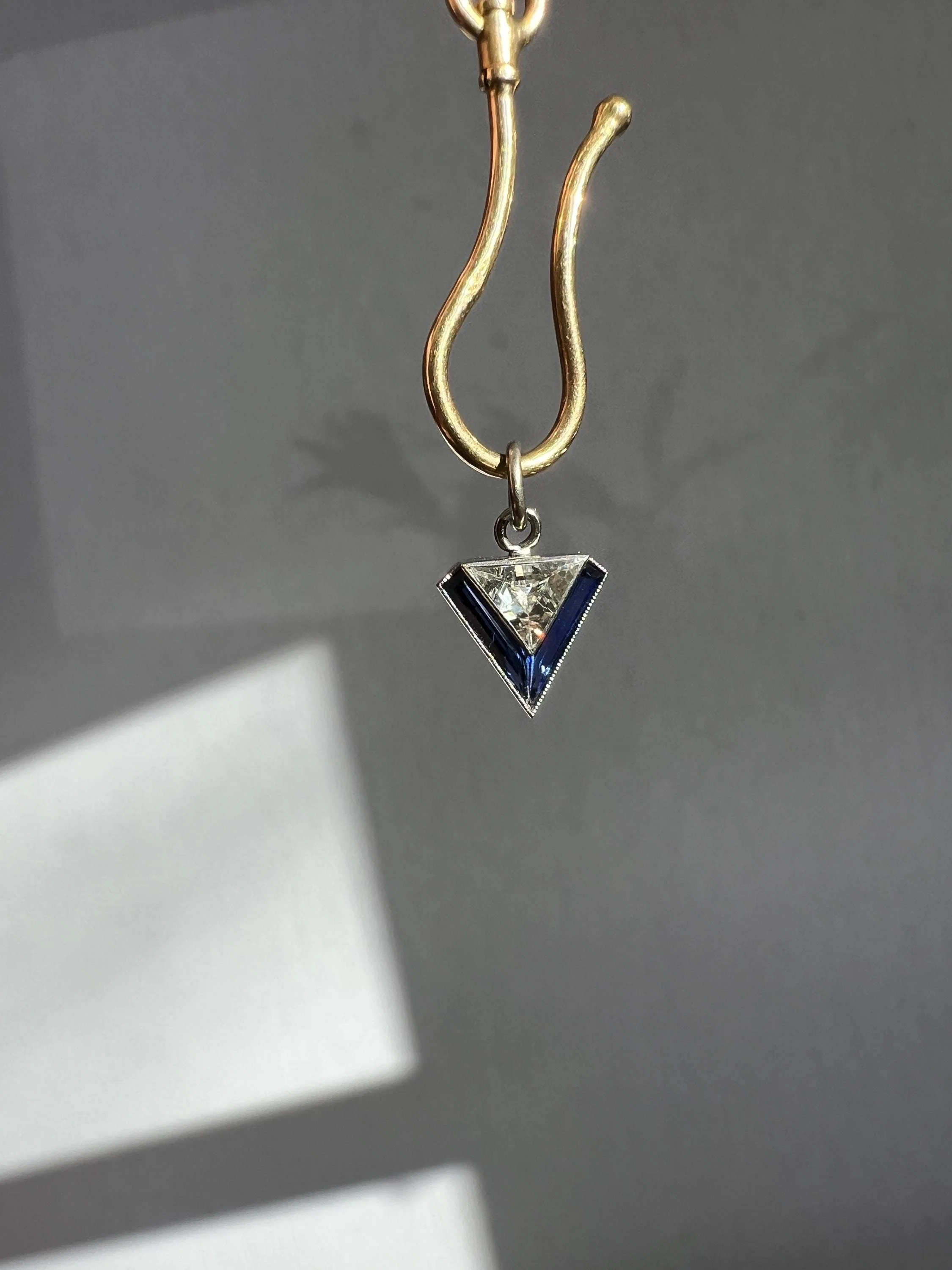 TRIANGLE Shield Antique RARE Lozenge Old Cut DIAMOND 18k White Gold Eye Clean Pendant Art Deco Blue Sapphire Halo One of Kind Gift Charm - Image 11