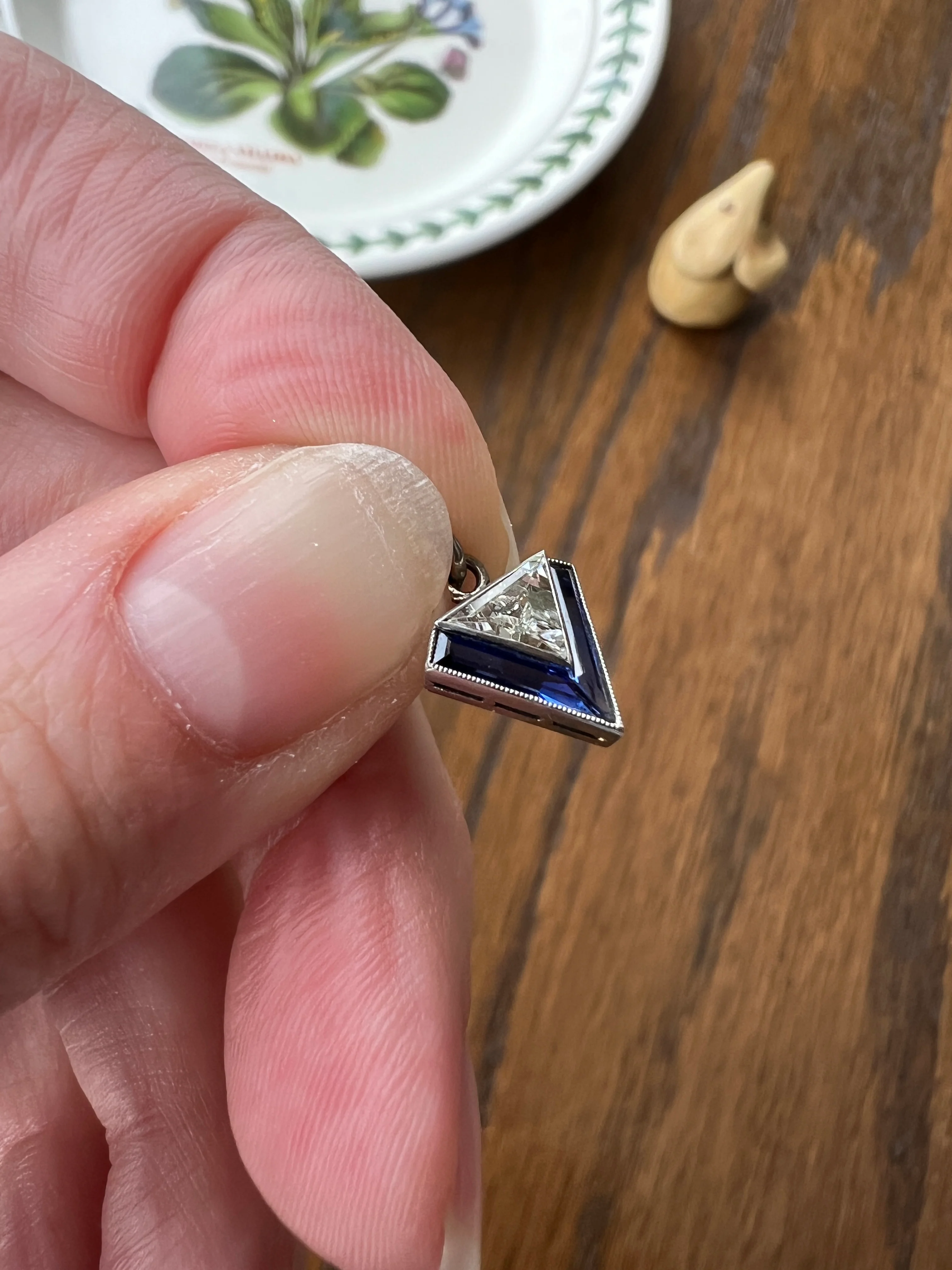 TRIANGLE Shield Antique RARE Lozenge Old Cut DIAMOND 18k White Gold Eye Clean Pendant Art Deco Blue Sapphire Halo One of Kind Gift Charm - Image 14