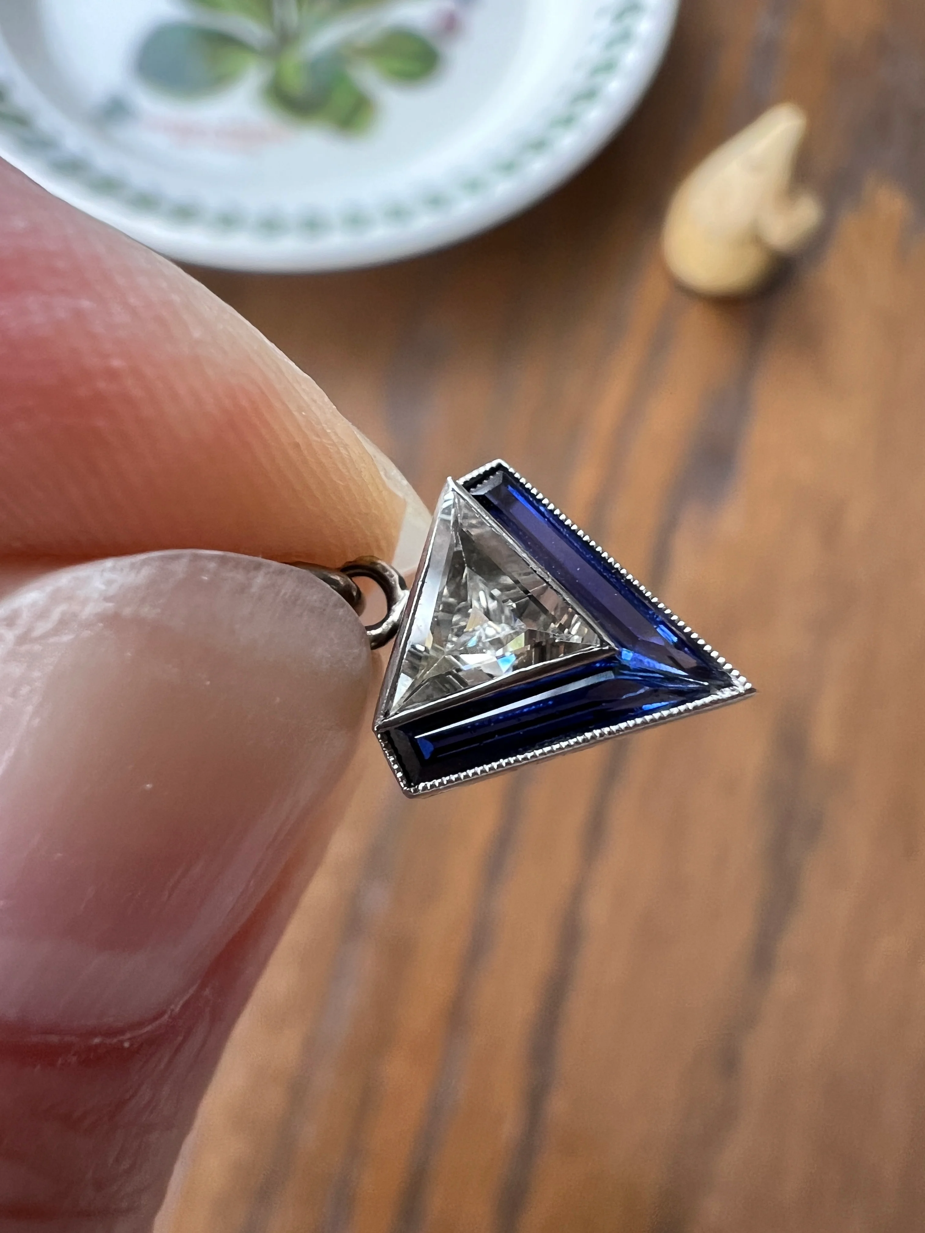 TRIANGLE Shield Antique RARE Lozenge Old Cut DIAMOND 18k White Gold Eye Clean Pendant Art Deco Blue Sapphire Halo One of Kind Gift Charm - Image 15