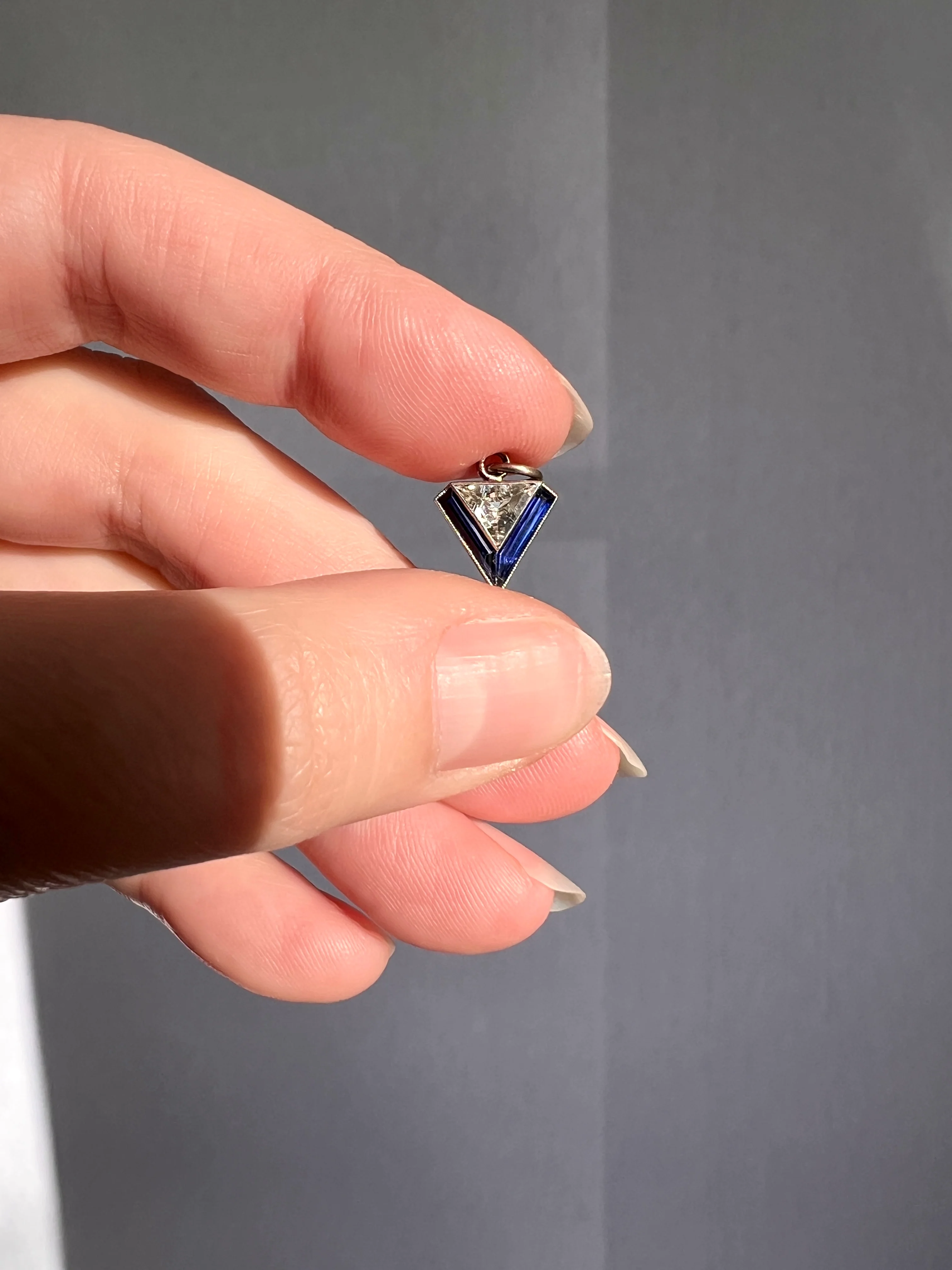 TRIANGLE Shield Antique RARE Lozenge Old Cut DIAMOND 18k White Gold Eye Clean Pendant Art Deco Blue Sapphire Halo One of Kind Gift Charm - Image 19