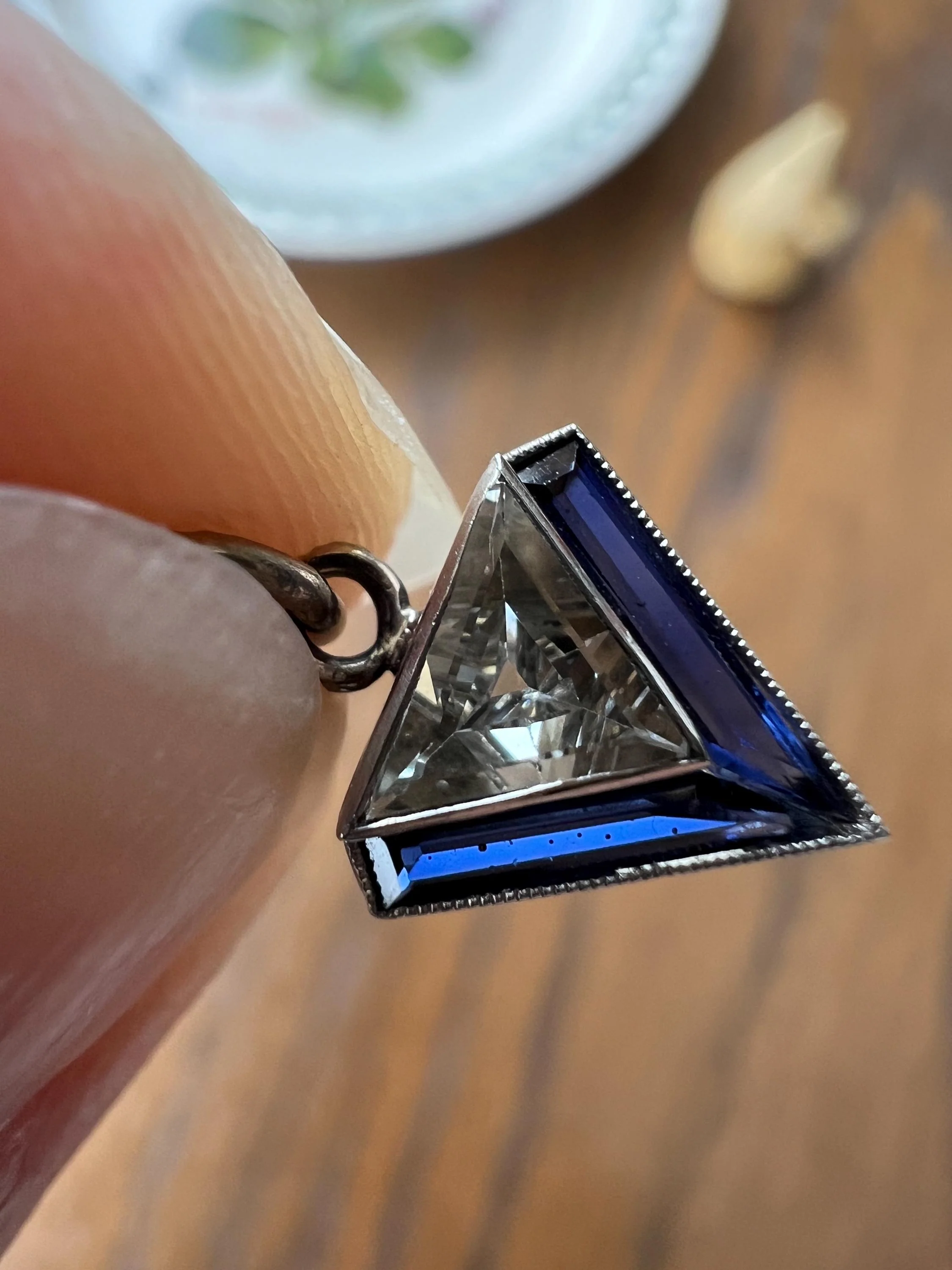 TRIANGLE Shield Antique RARE Lozenge Old Cut DIAMOND 18k White Gold Eye Clean Pendant Art Deco Blue Sapphire Halo One of Kind Gift Charm - Image 2