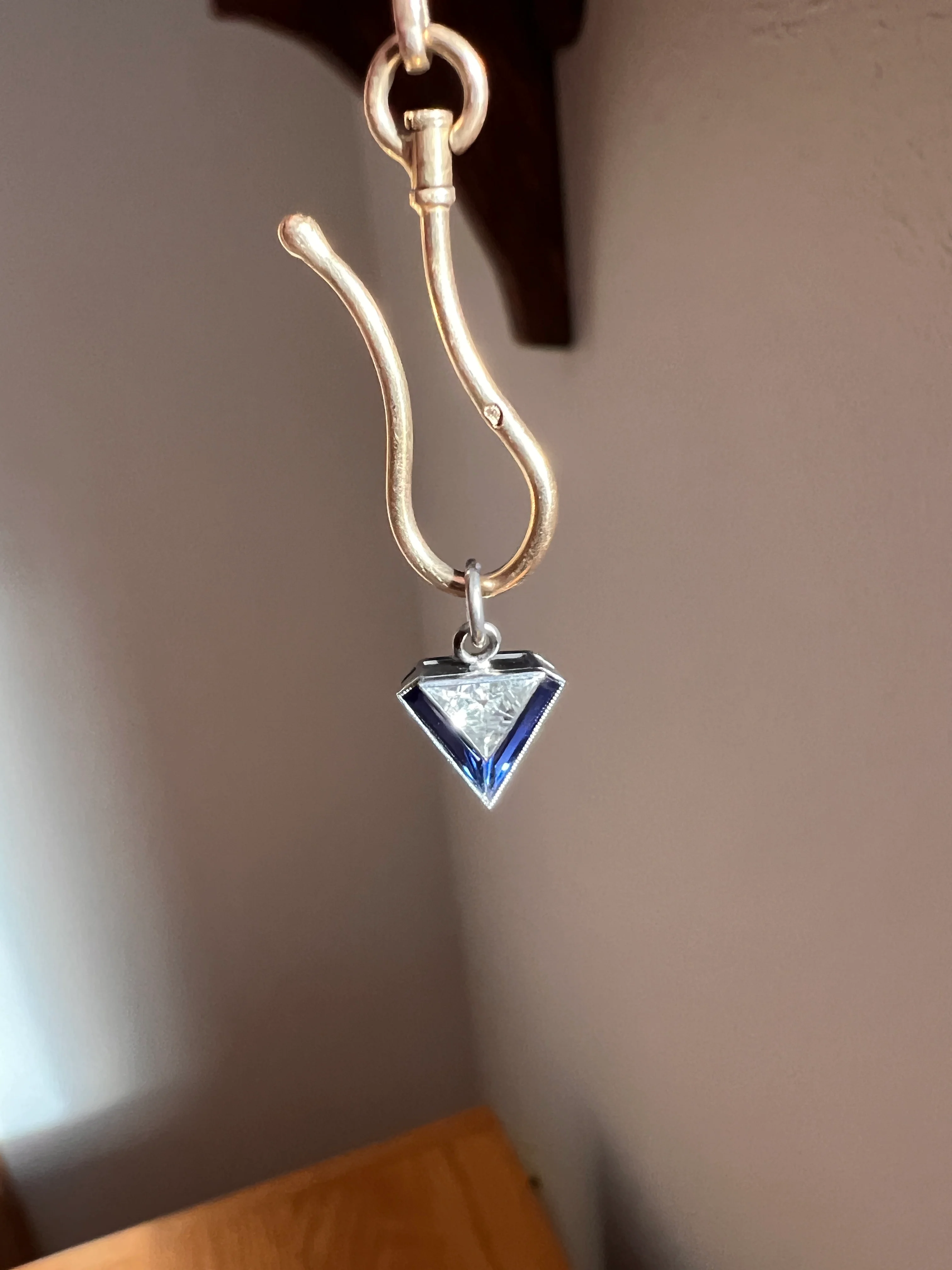 TRIANGLE Shield Antique RARE Lozenge Old Cut DIAMOND 18k White Gold Eye Clean Pendant Art Deco Blue Sapphire Halo One of Kind Gift Charm - Image 20