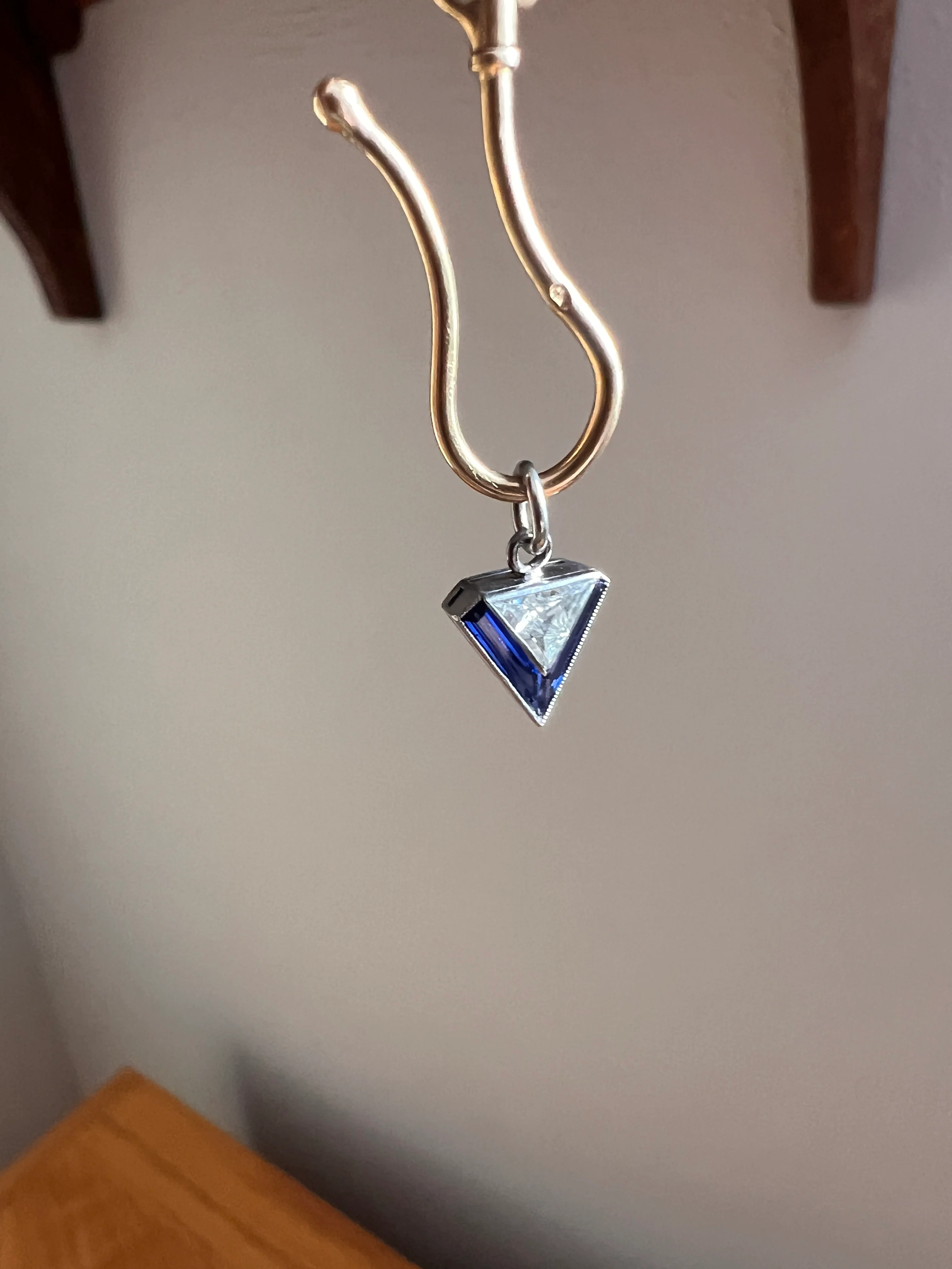TRIANGLE Shield Antique RARE Lozenge Old Cut DIAMOND 18k White Gold Eye Clean Pendant Art Deco Blue Sapphire Halo One of Kind Gift Charm - Image 21