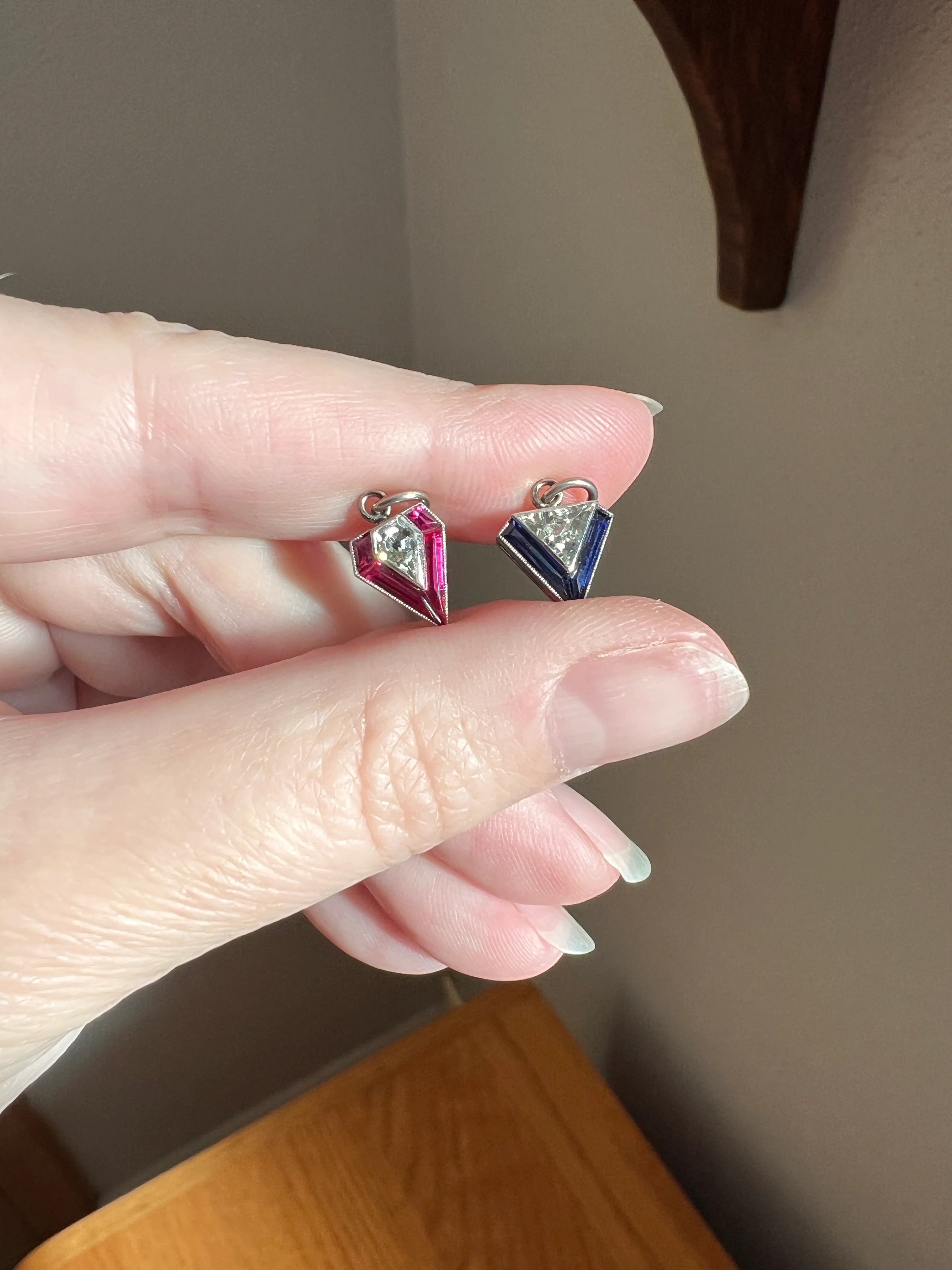 TRIANGLE Shield Antique RARE Lozenge Old Cut DIAMOND 18k White Gold Eye Clean Pendant Art Deco Blue Sapphire Halo One of Kind Gift Charm - Image 25