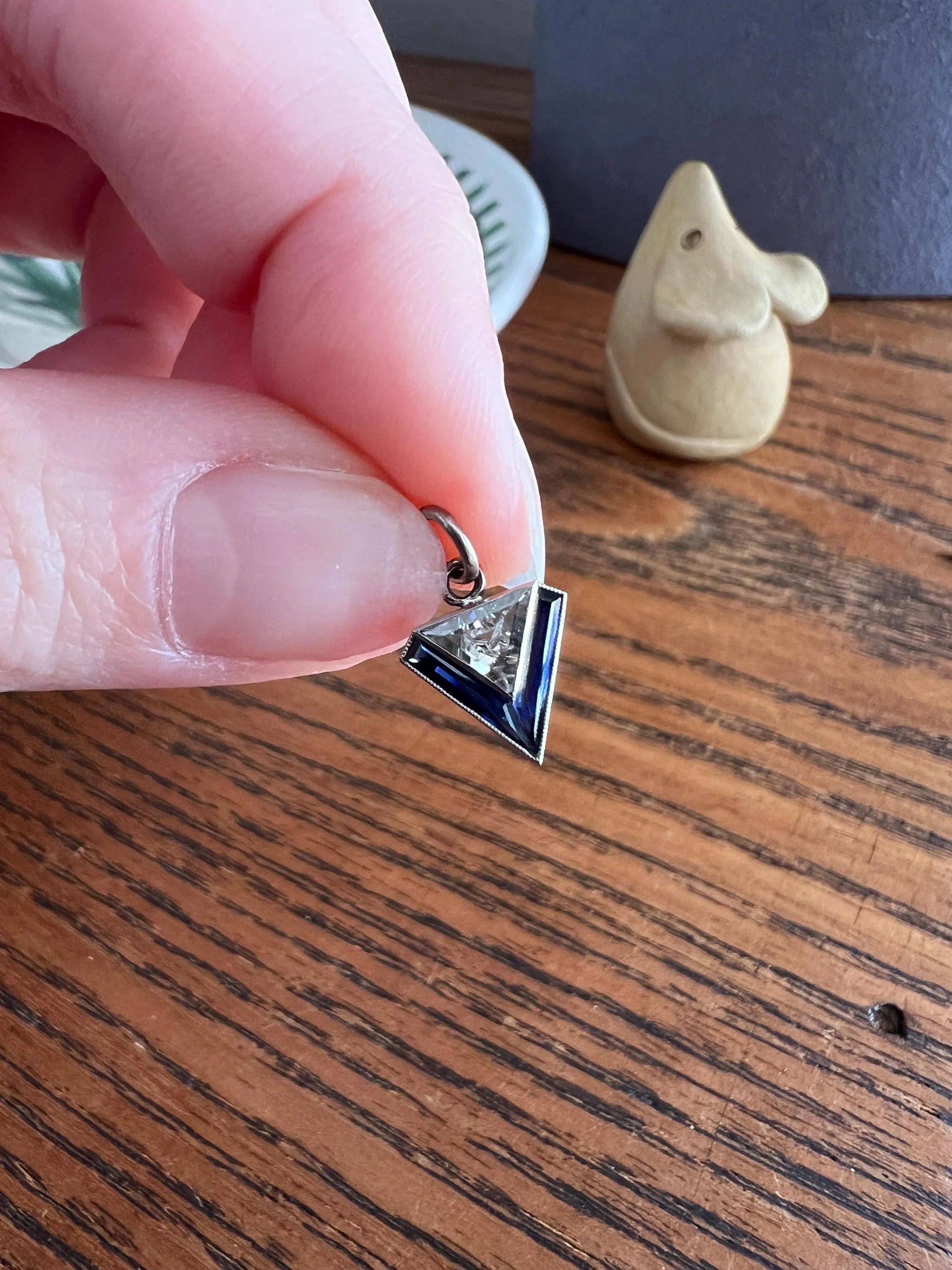 TRIANGLE Shield Antique RARE Lozenge Old Cut DIAMOND 18k White Gold Eye Clean Pendant Art Deco Blue Sapphire Halo One of Kind Gift Charm - Image 4