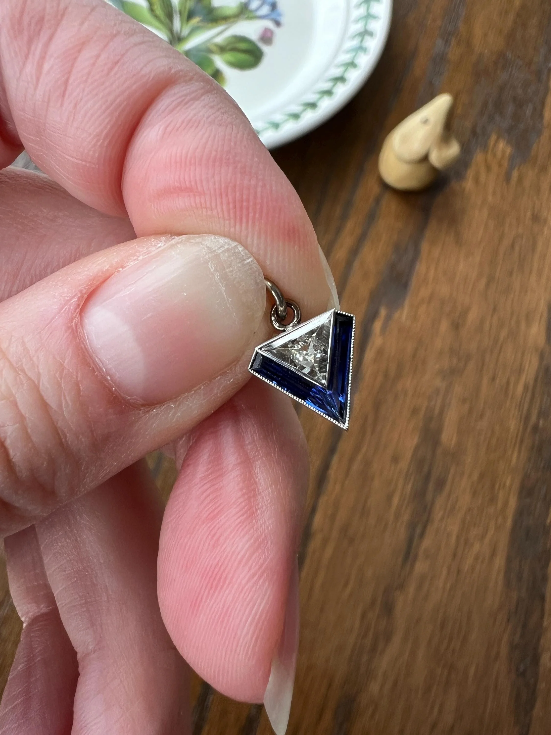 TRIANGLE Shield Antique RARE Lozenge Old Cut DIAMOND 18k White Gold Eye Clean Pendant Art Deco Blue Sapphire Halo One of Kind Gift Charm - Image 7