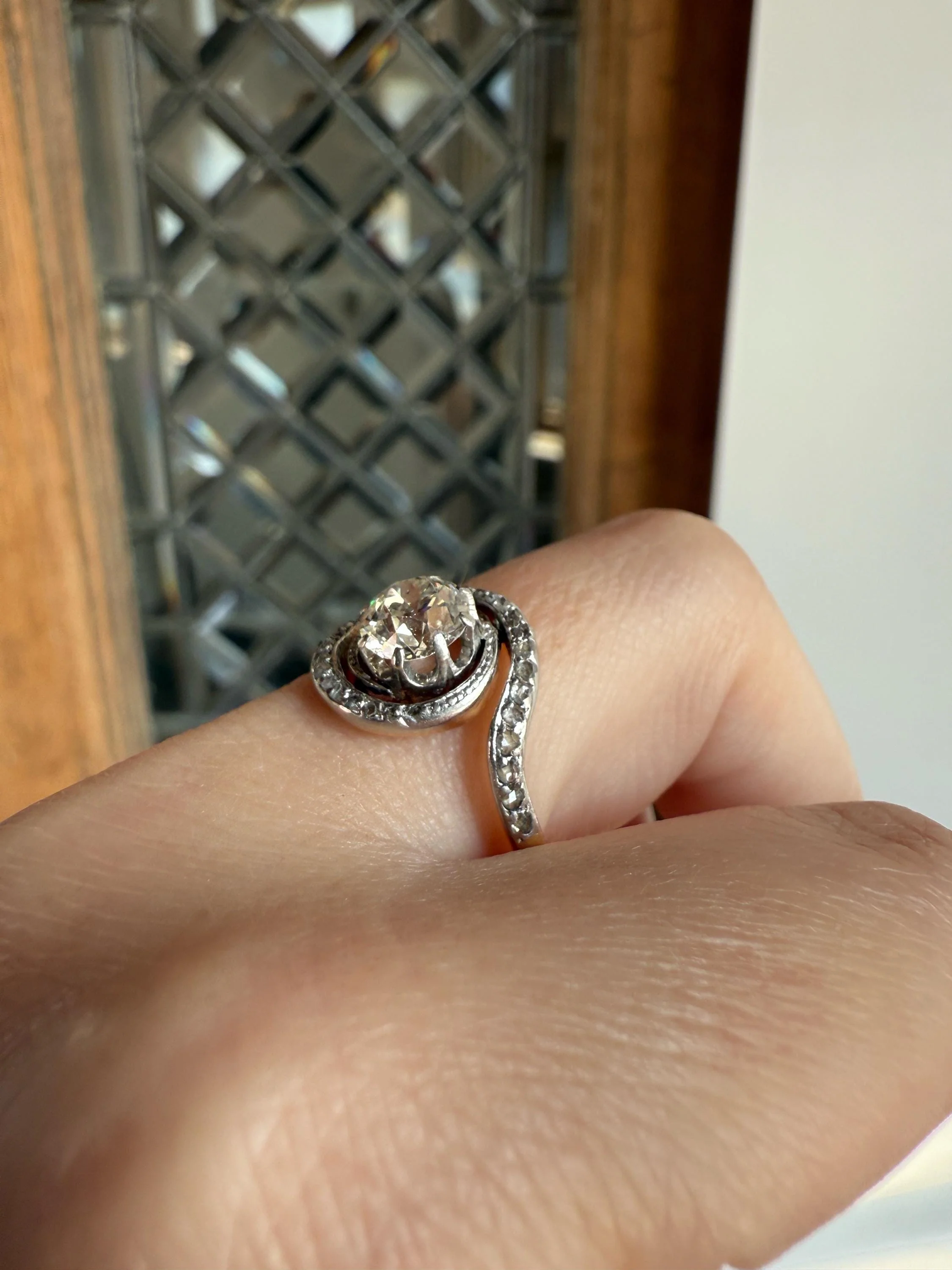 Turbillon French ANTIQUE Swirling 1.25 + Carat Old European Cut DIAMOND 18k Gold & PLATINUM Ring Bypass Rose Cut Halo - Image 10
