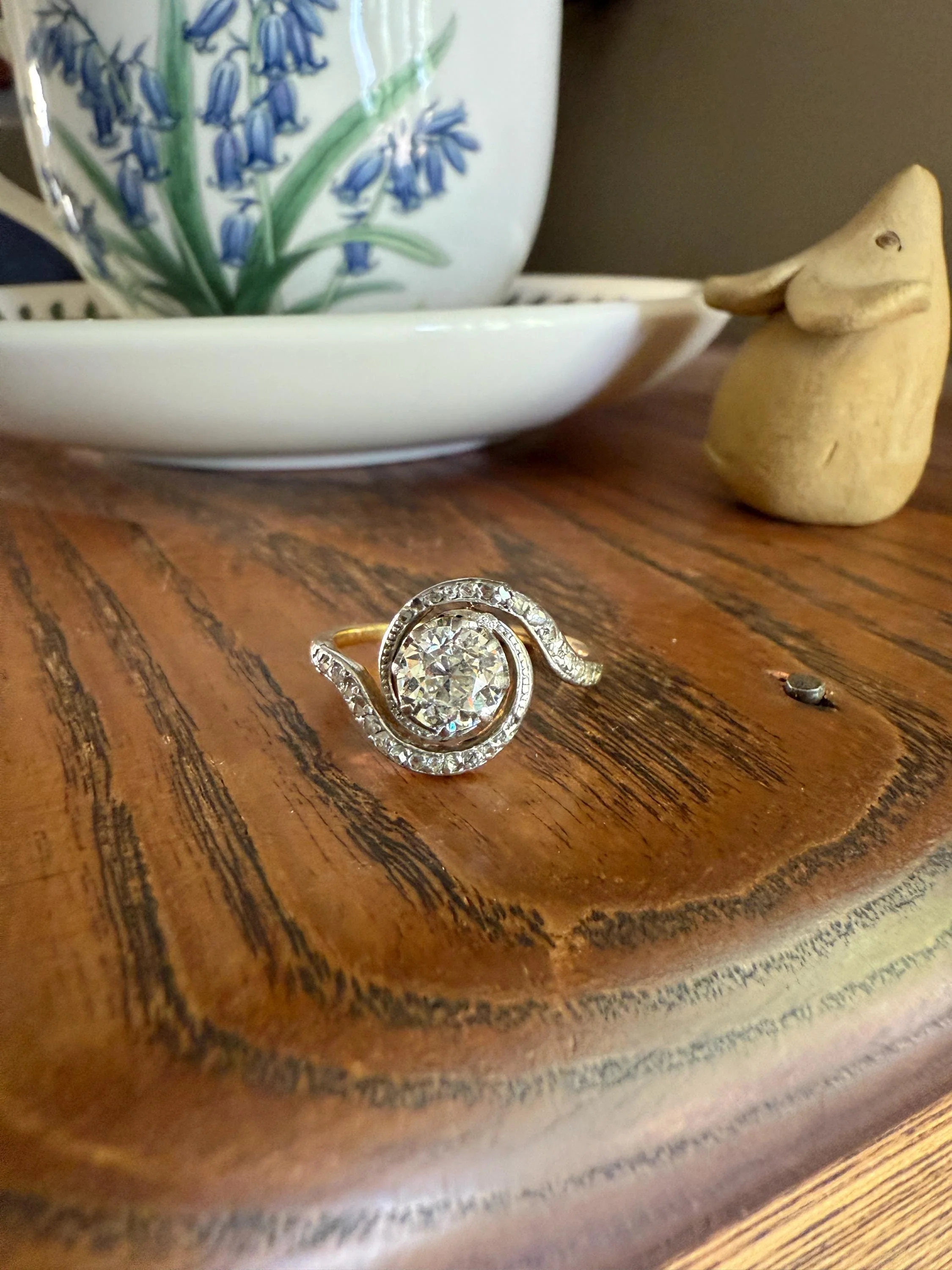 Turbillon French ANTIQUE Swirling 1.25 + Carat Old European Cut DIAMOND 18k Gold & PLATINUM Ring Bypass Rose Cut Halo - Image 11