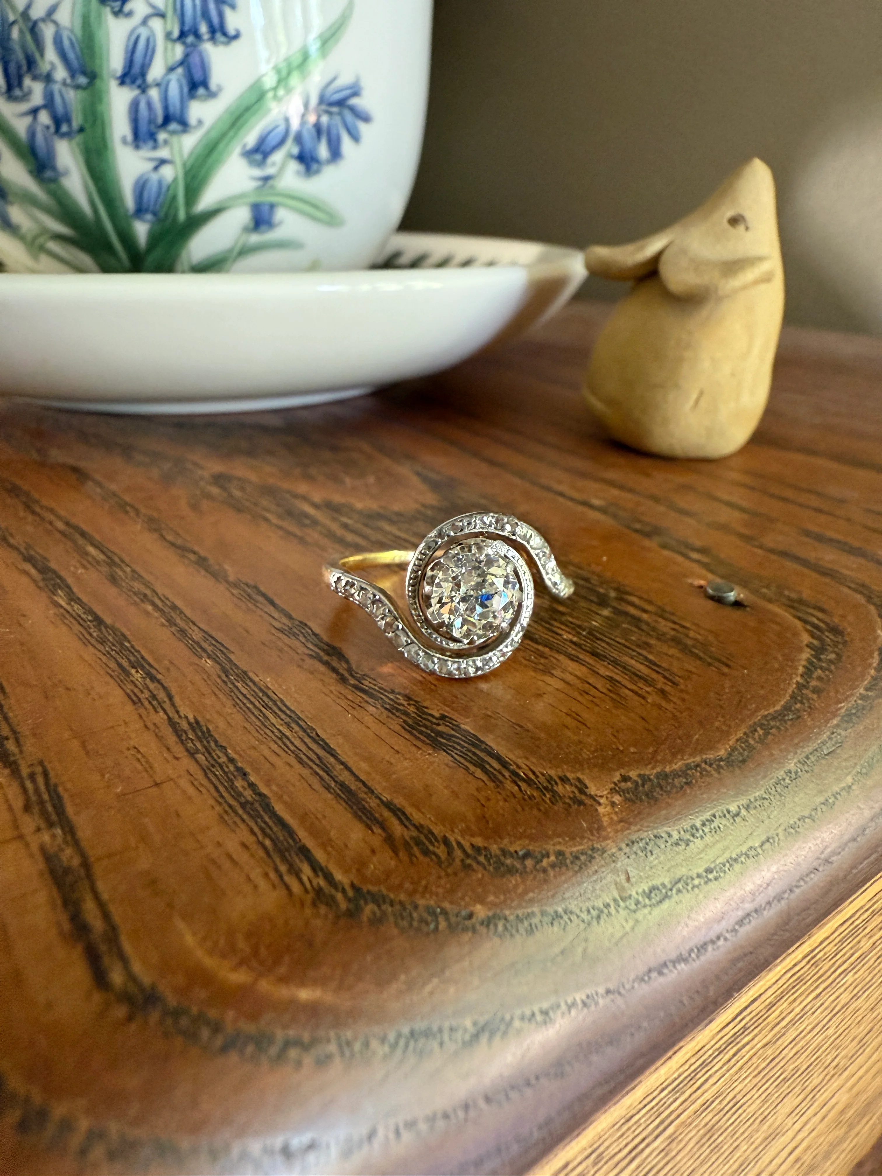 Turbillon French ANTIQUE Swirling 1.25 + Carat Old European Cut DIAMOND 18k Gold & PLATINUM Ring Bypass Rose Cut Halo - Image 13