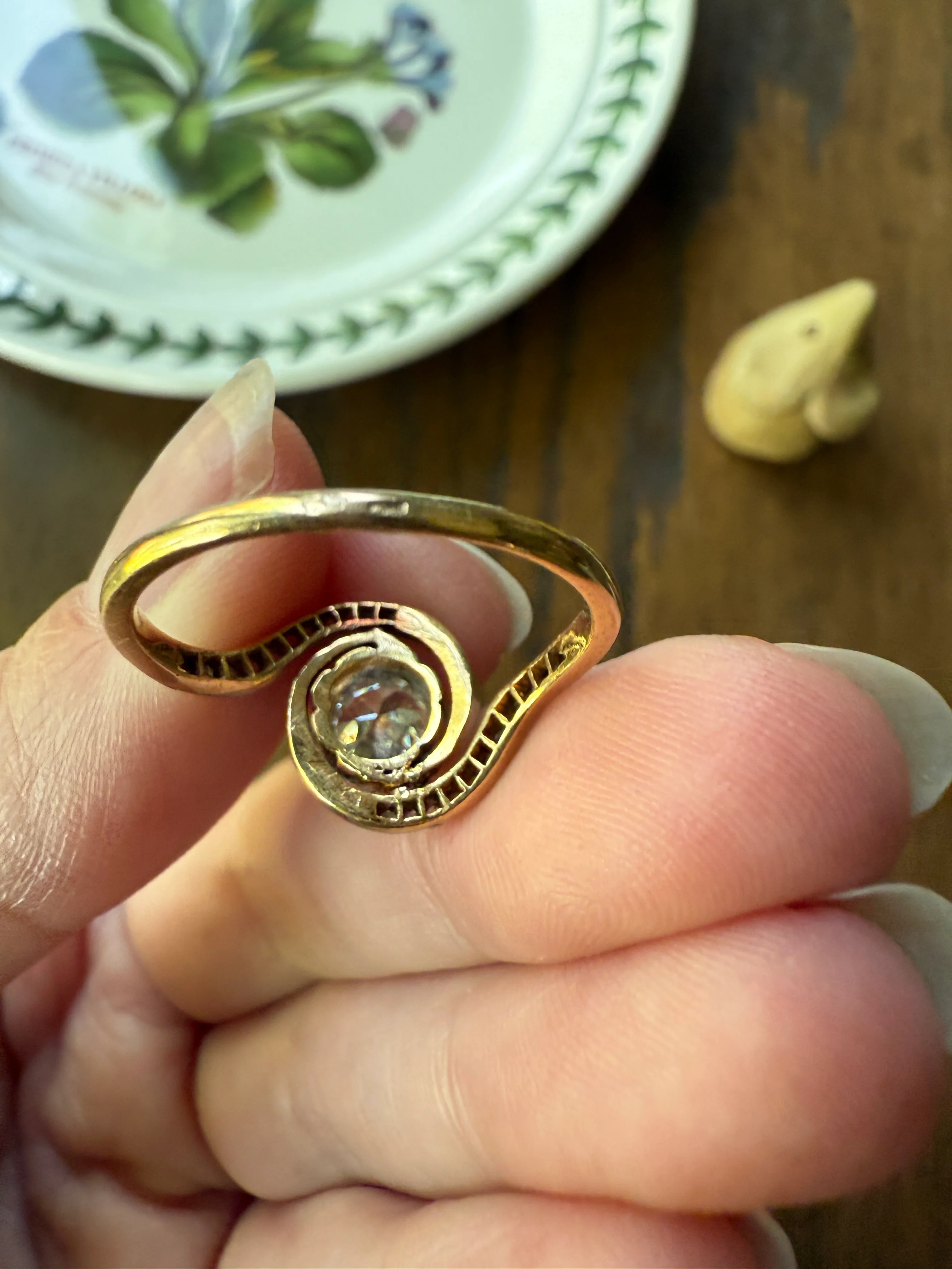 Turbillon French ANTIQUE Swirling 1.25 + Carat Old European Cut DIAMOND 18k Gold & PLATINUM Ring Bypass Rose Cut Halo - Image 14