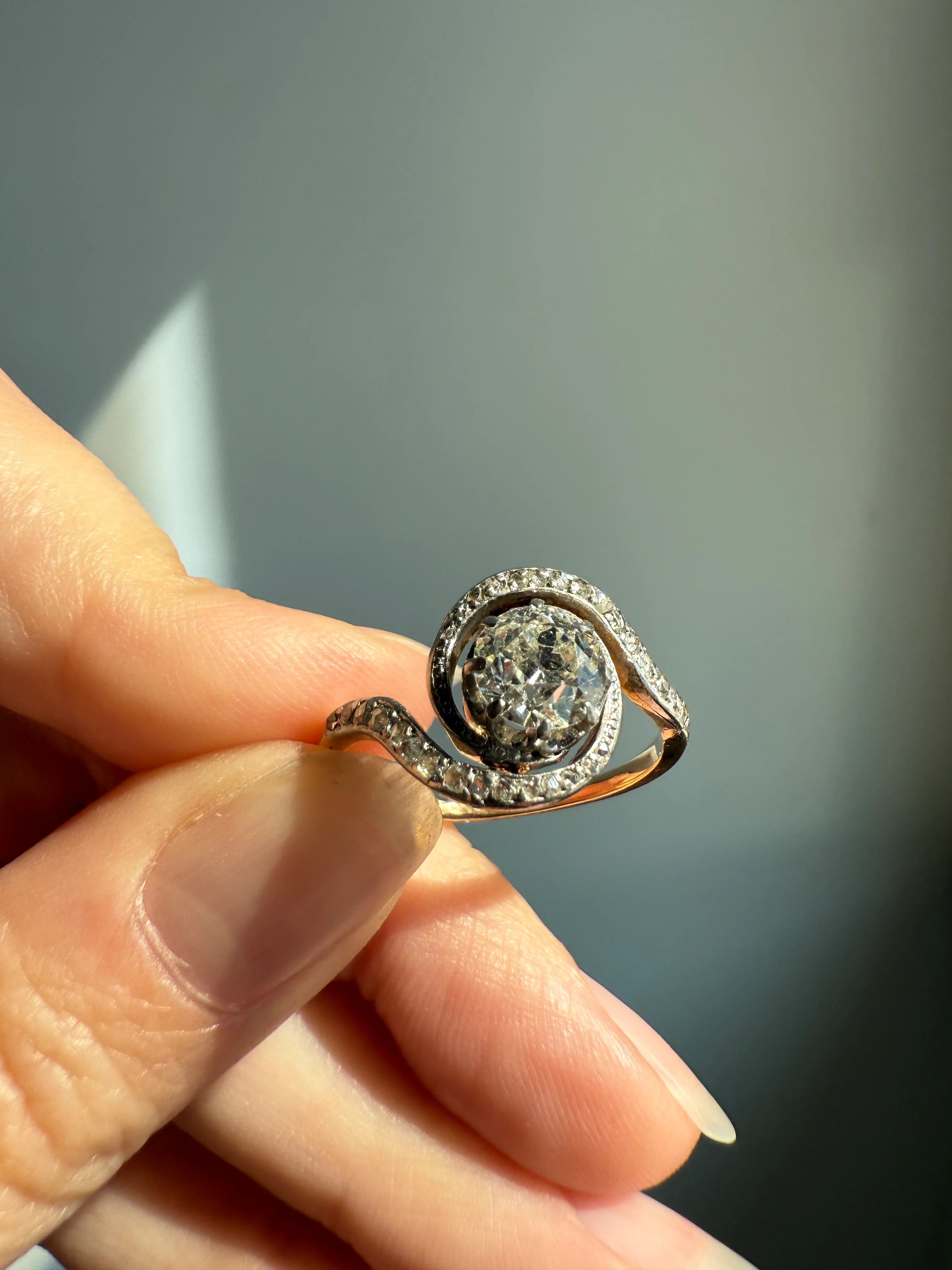 Turbillon French ANTIQUE Swirling 1.25 + Carat Old European Cut DIAMOND 18k Gold & PLATINUM Ring Bypass Rose Cut Halo - Image 16
