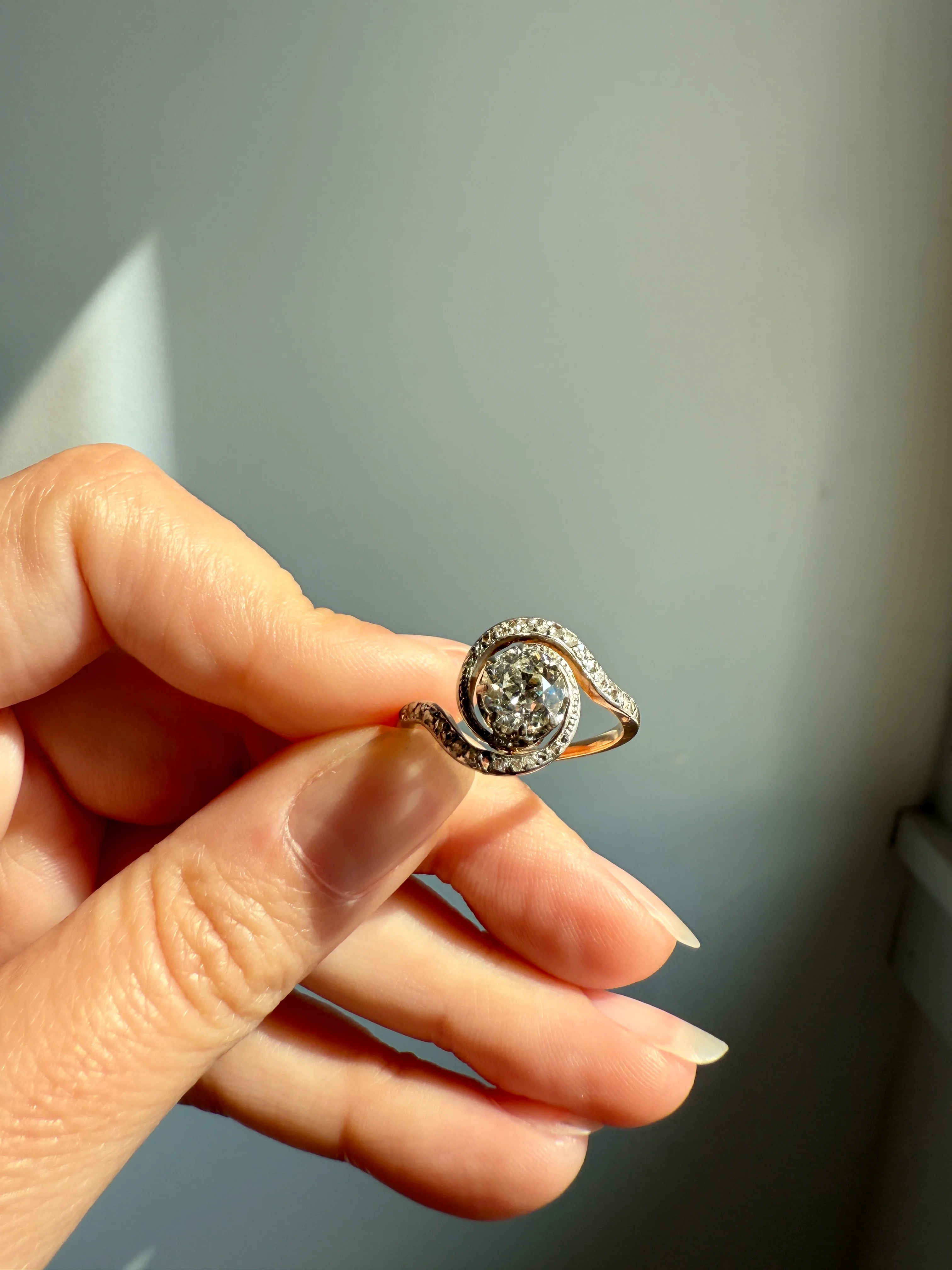 Turbillon French ANTIQUE Swirling 1.25 + Carat Old European Cut DIAMOND 18k Gold & PLATINUM Ring Bypass Rose Cut Halo - Image 17
