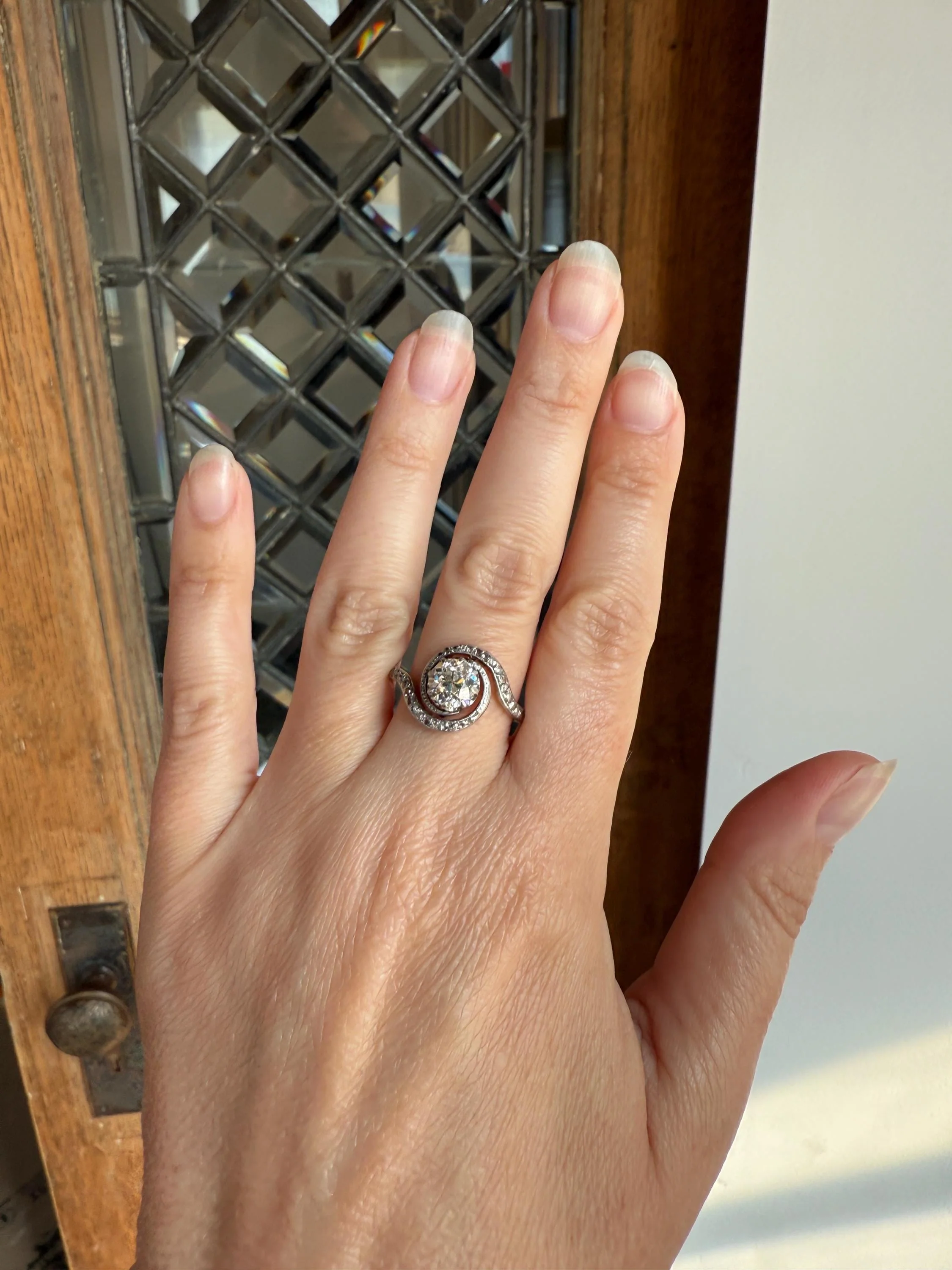 Turbillon French ANTIQUE Swirling 1.25 + Carat Old European Cut DIAMOND 18k Gold & PLATINUM Ring Bypass Rose Cut Halo - Image 2