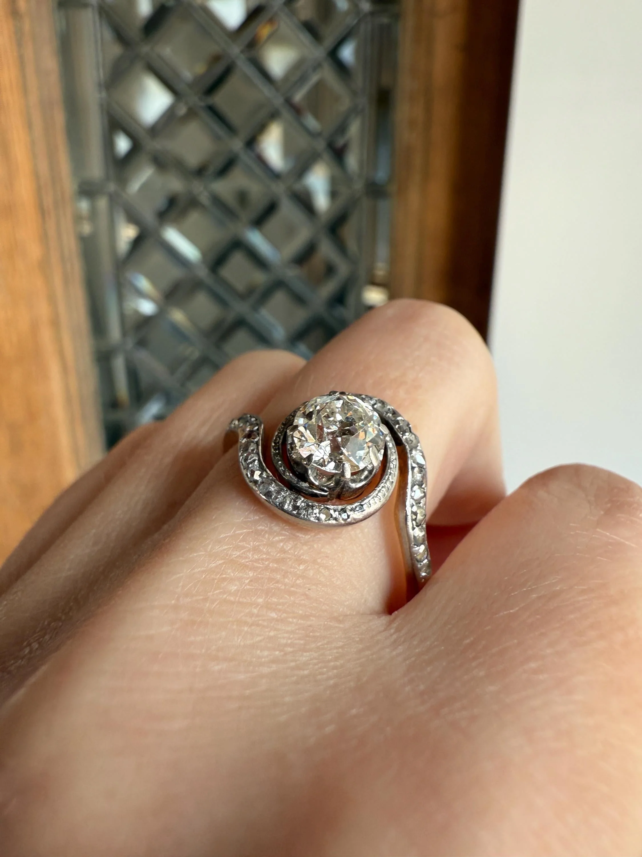 Turbillon French ANTIQUE Swirling 1.25 + Carat Old European Cut DIAMOND 18k Gold & PLATINUM Ring Bypass Rose Cut Halo - Image 3