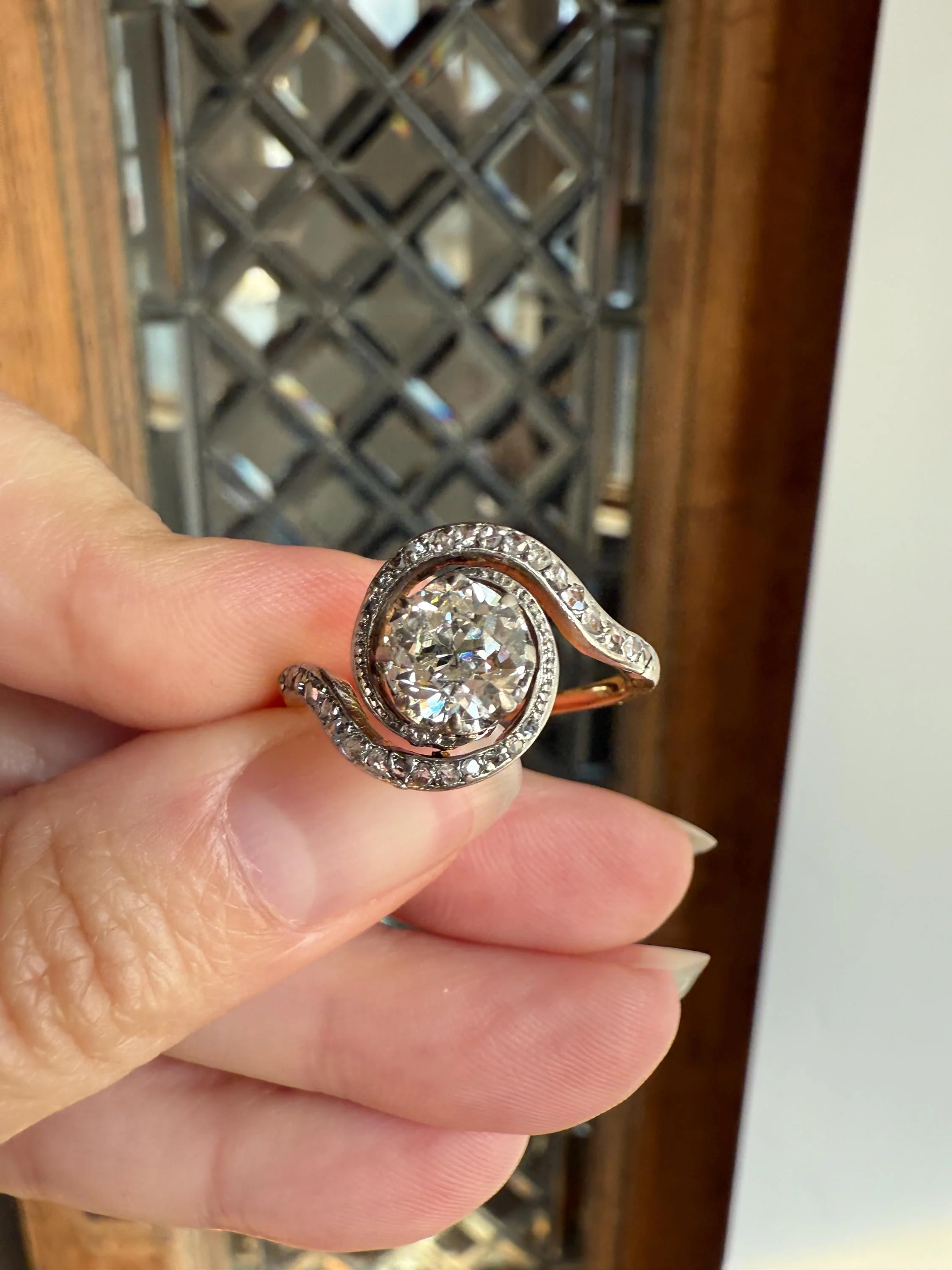 Turbillon French ANTIQUE Swirling 1.25 + Carat Old European Cut DIAMOND 18k Gold & PLATINUM Ring Bypass Rose Cut Halo - Image 5