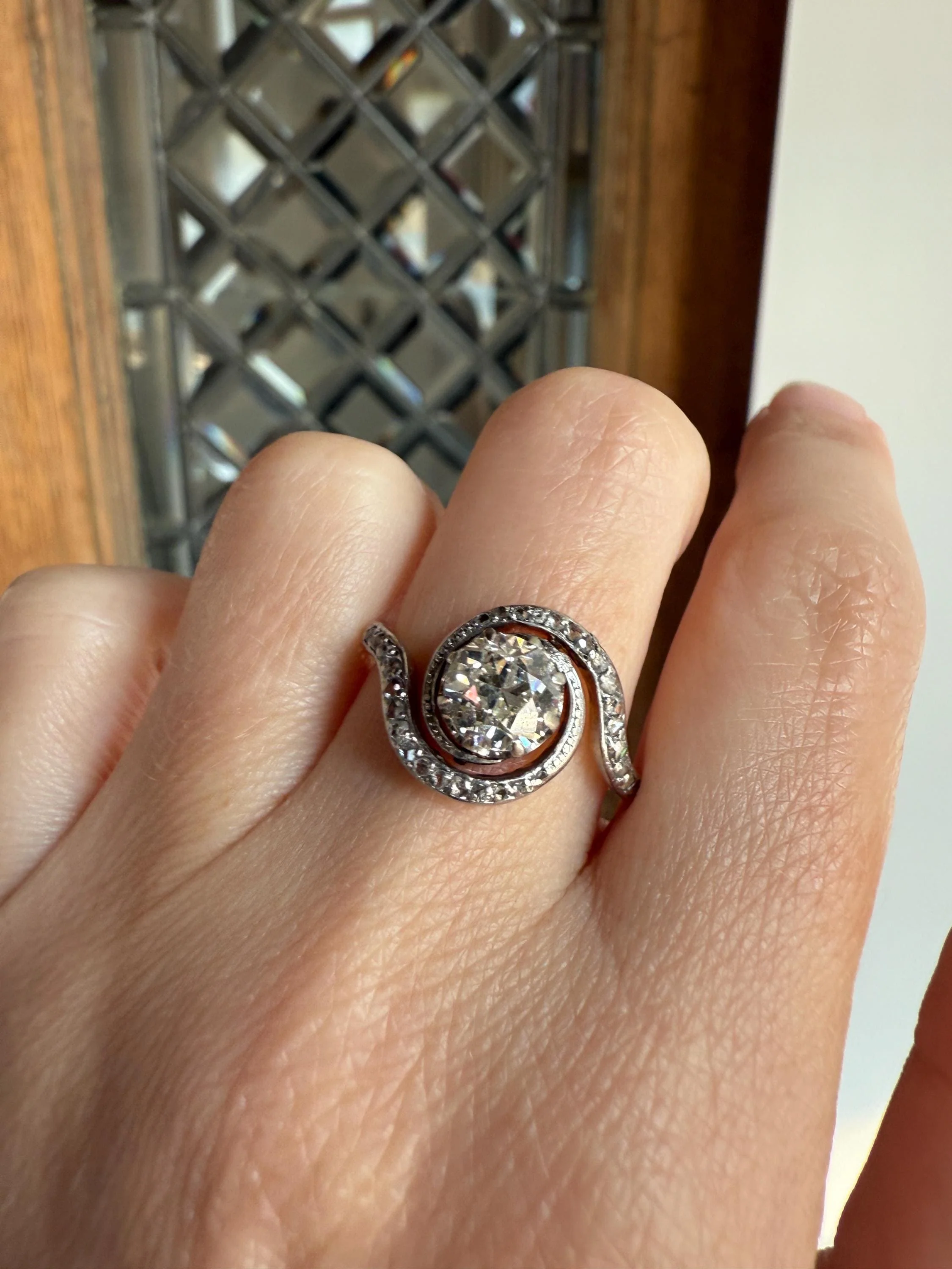 Turbillon French ANTIQUE Swirling 1.25 + Carat Old European Cut DIAMOND 18k Gold & PLATINUM Ring Bypass Rose Cut Halo - Image 6