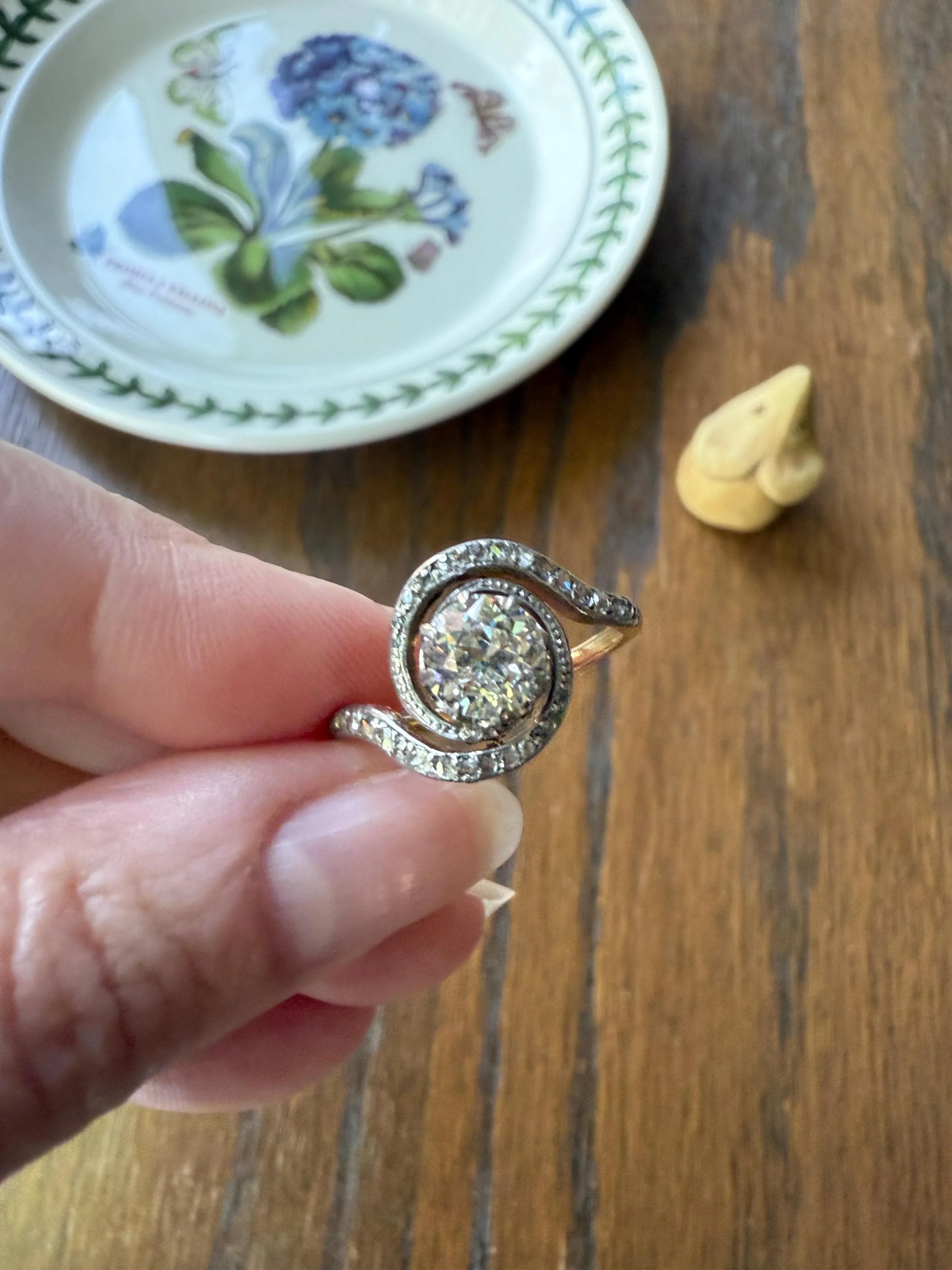 Turbillon French ANTIQUE Swirling 1.25 + Carat Old European Cut DIAMOND 18k Gold & PLATINUM Ring Bypass Rose Cut Halo - Image 7