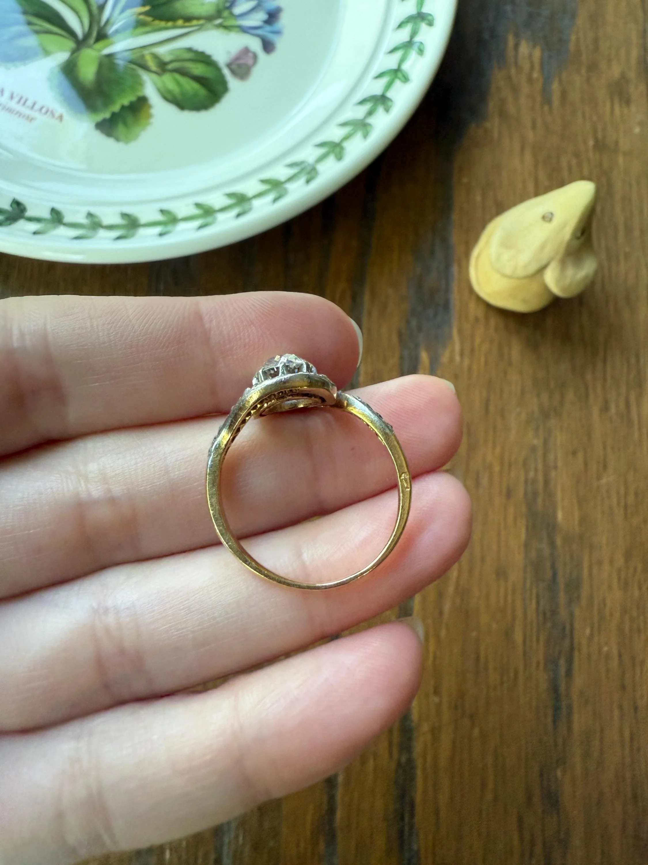 Turbillon French ANTIQUE Swirling 1.25 + Carat Old European Cut DIAMOND 18k Gold & PLATINUM Ring Bypass Rose Cut Halo - Image 9