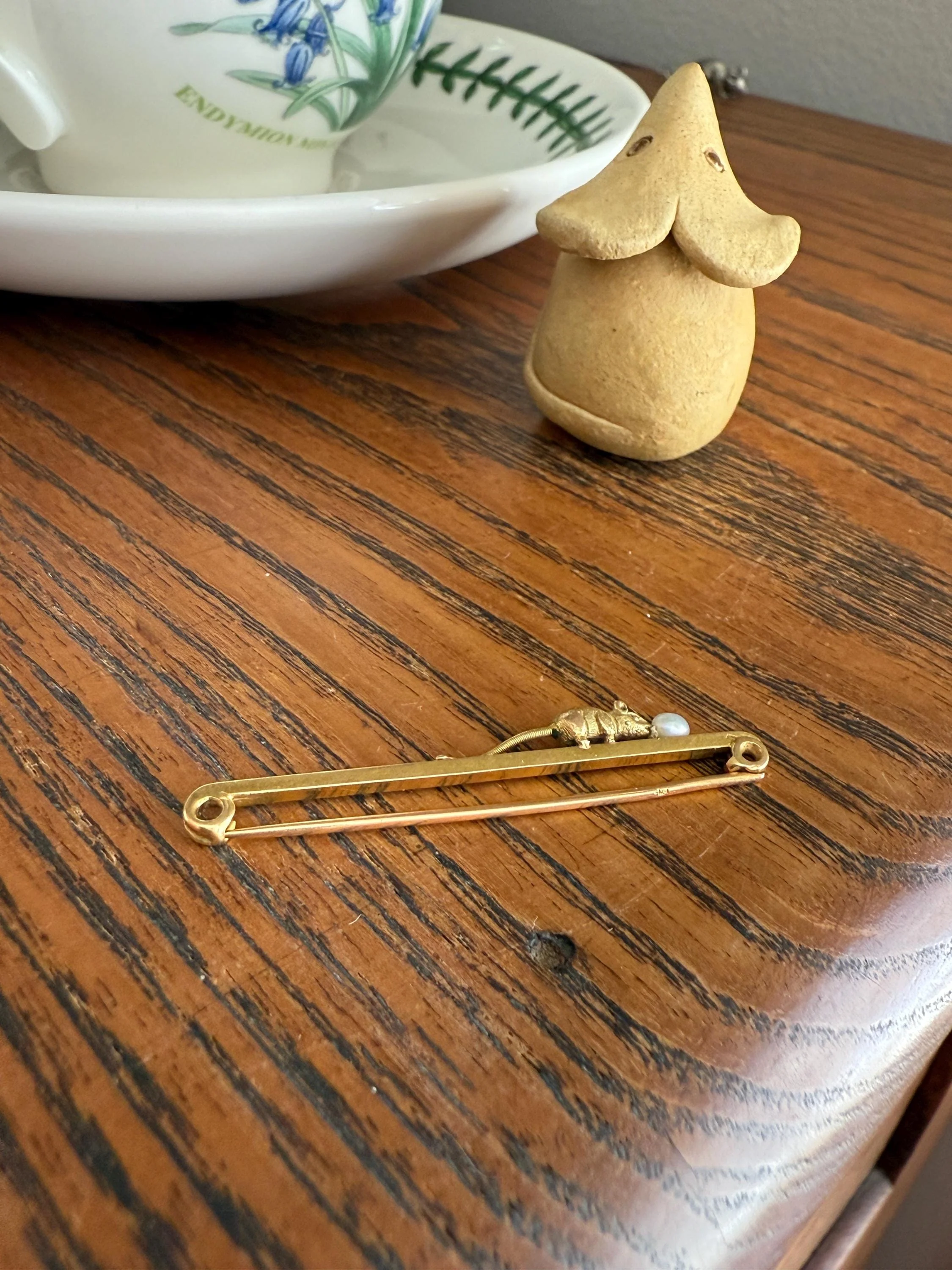 Twinning with MOUSE Victorian Figural Safety Pin Bar Brooch for Pendant Charm Holder French Antique 18k Gold Solid Extender Connector - Image 2