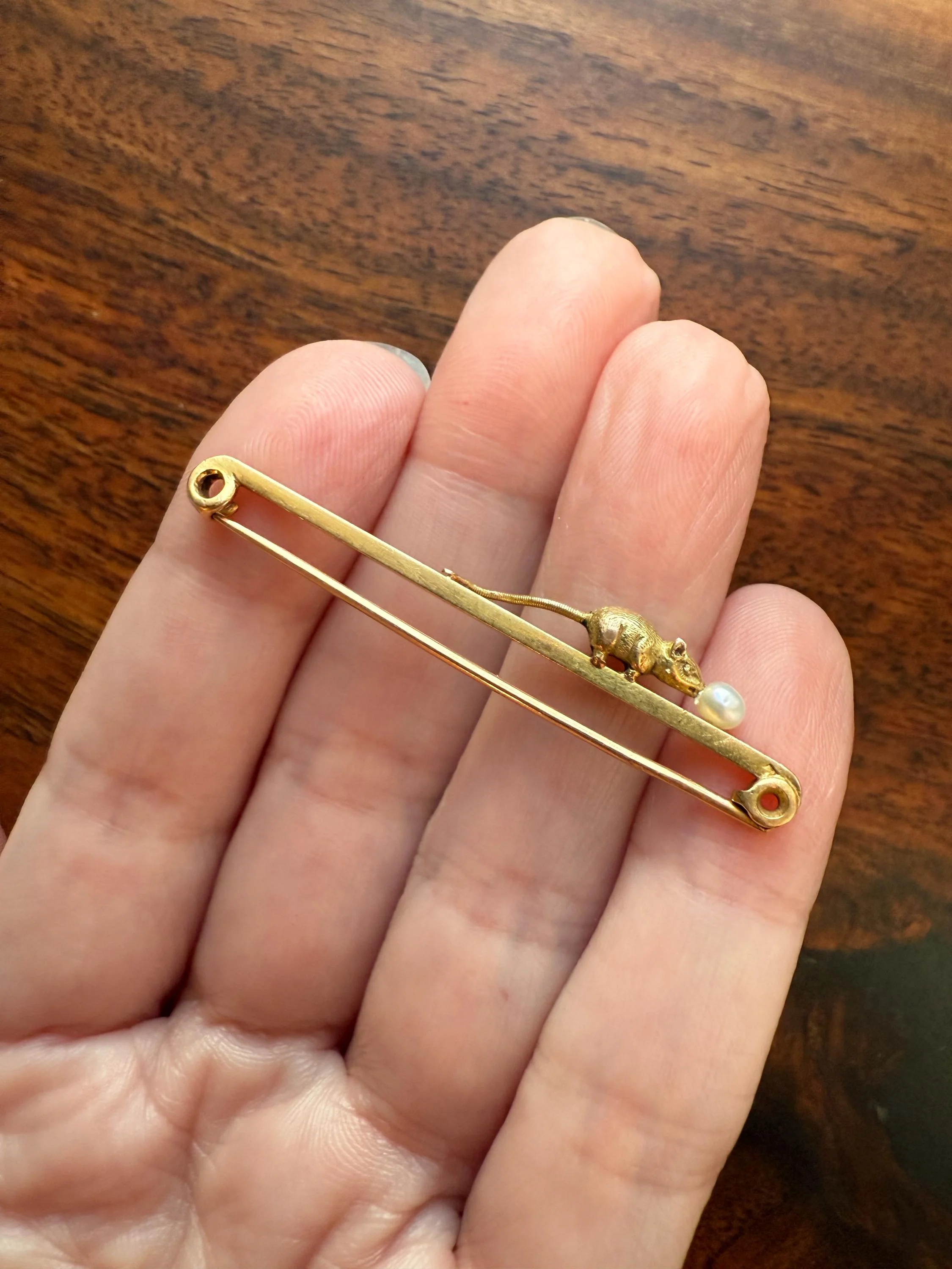 Twinning with MOUSE Victorian Figural Safety Pin Bar Brooch for Pendant Charm Holder French Antique 18k Gold Solid Extender Connector - Image 5