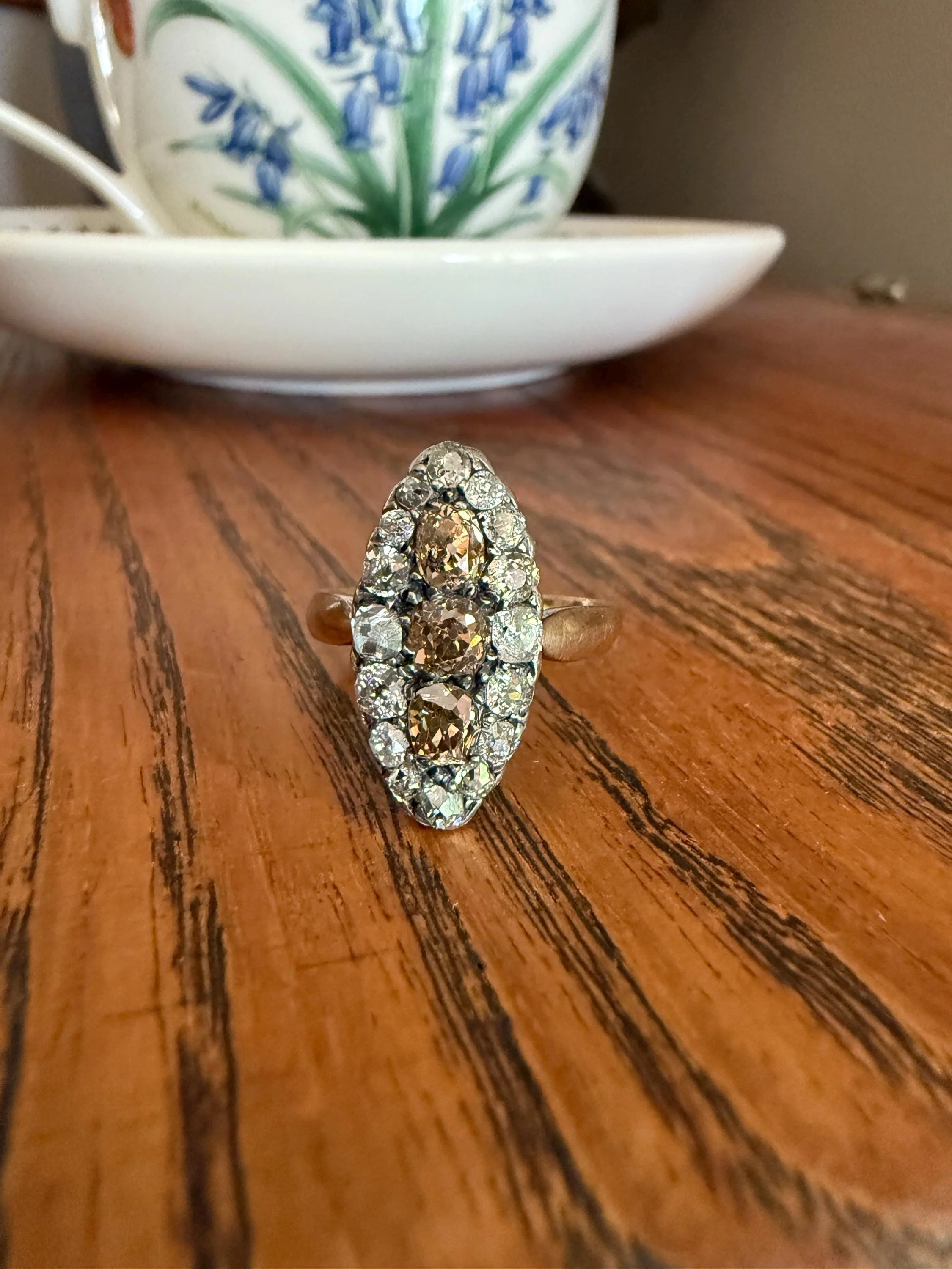 Uncommon 2.25 Carat Fancy Brown & White Halo Old Mine Cut Diamond Navette Ring Oval Victorian Antique 18k Gold Silver - Image 11