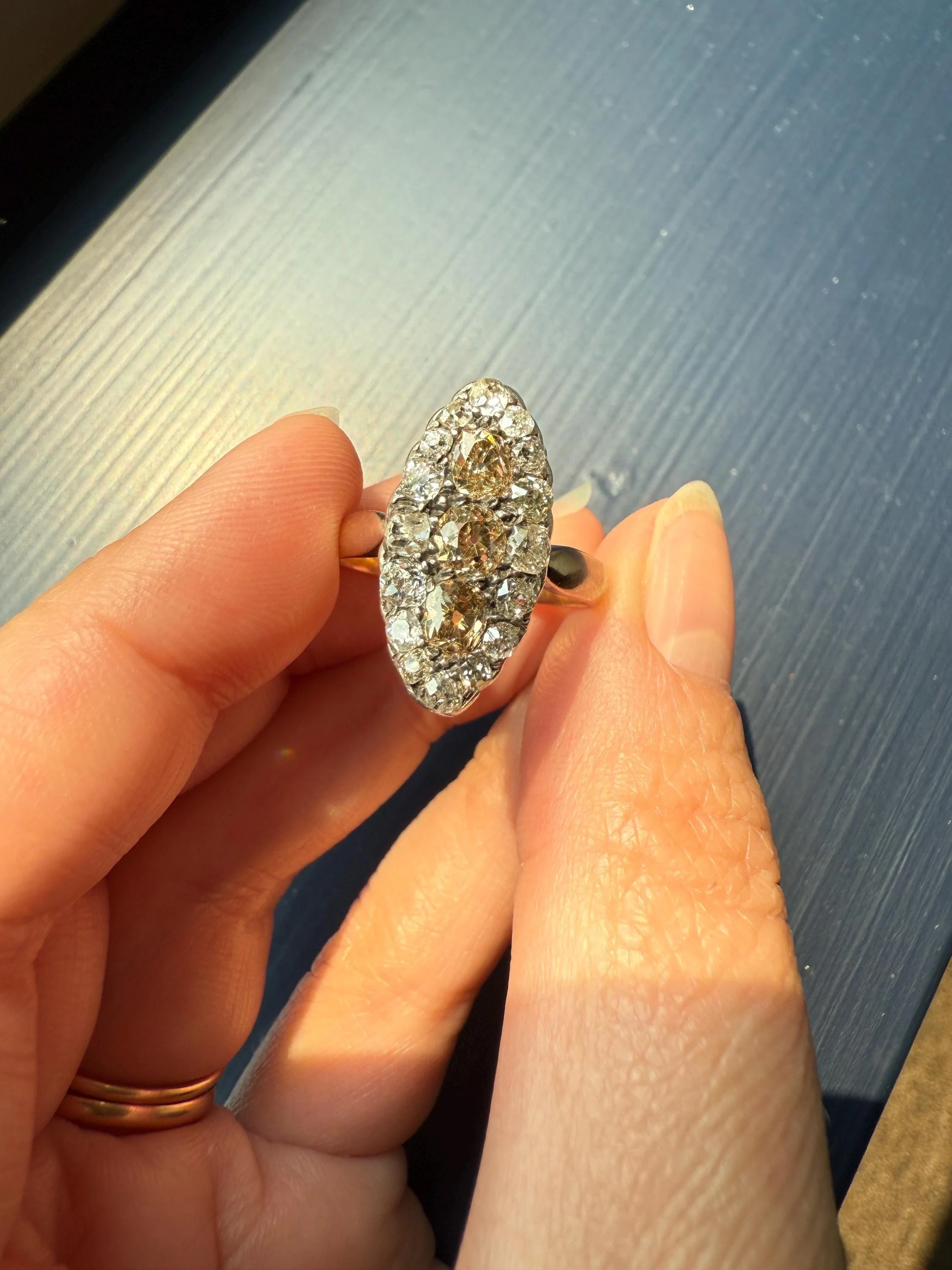 Uncommon 2.25 Carat Fancy Brown & White Halo Old Mine Cut Diamond Navette Ring Oval Victorian Antique 18k Gold Silver - Image 12